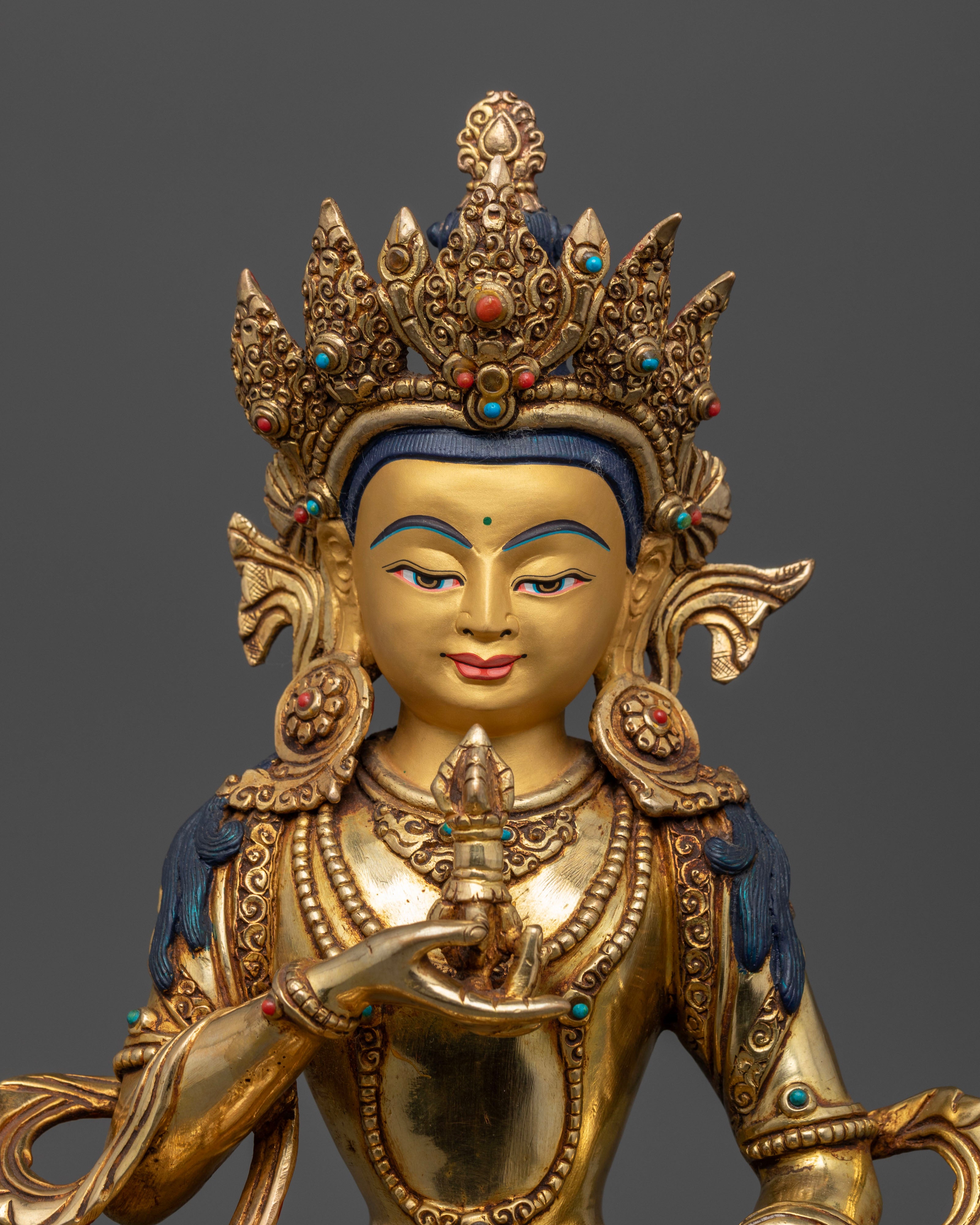 Dorje Sempa serene face, intricate jeweled crown, and the symbolic vajra and bell, embodying purification, spiritual renewal, and the transcendence of negative karma.