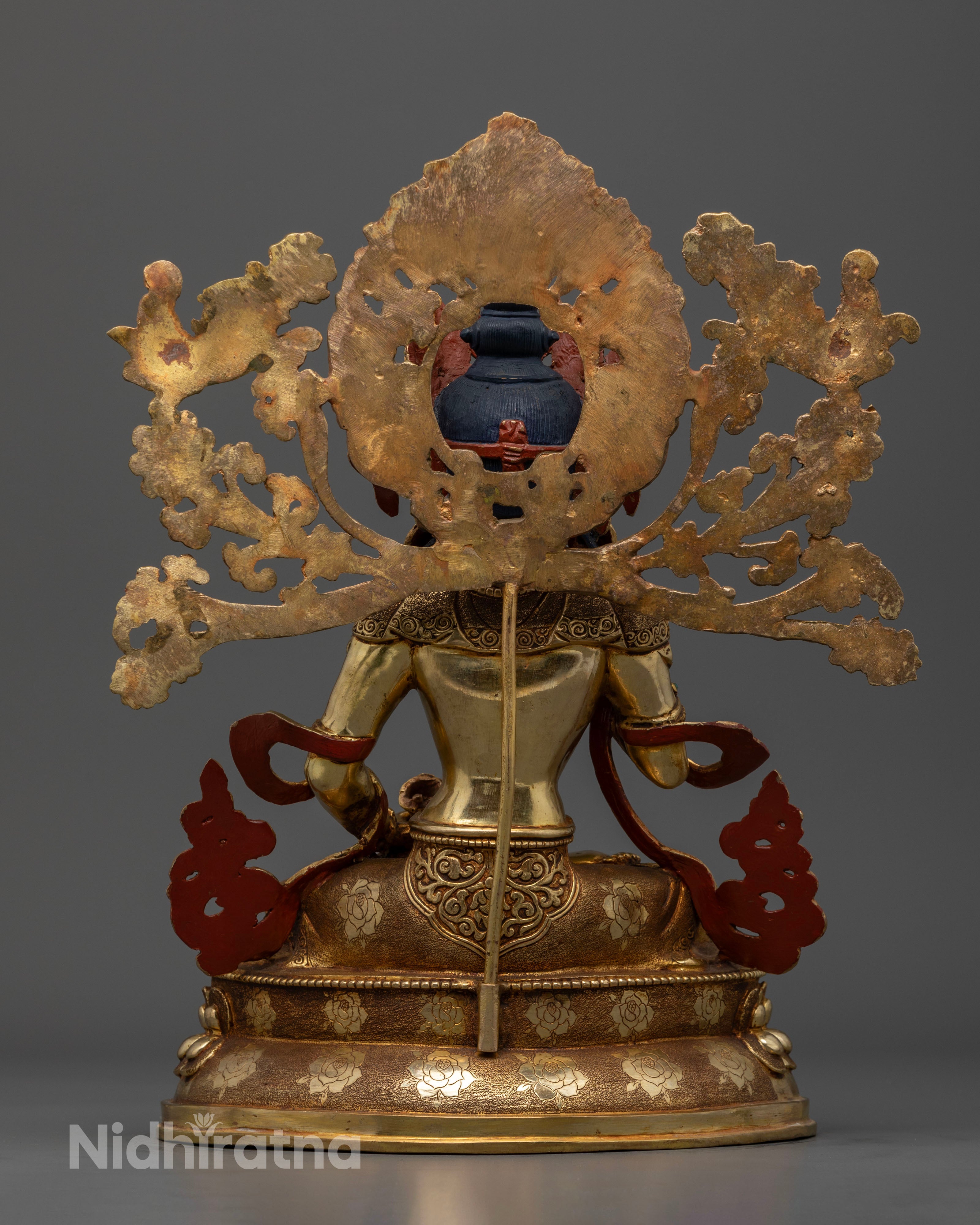 Dorje Sempa statue focuses on the ornate craftsmanship of the five-jeweled crown, the flowing design of the garments, and the symbolism of divine purification and wisdom.