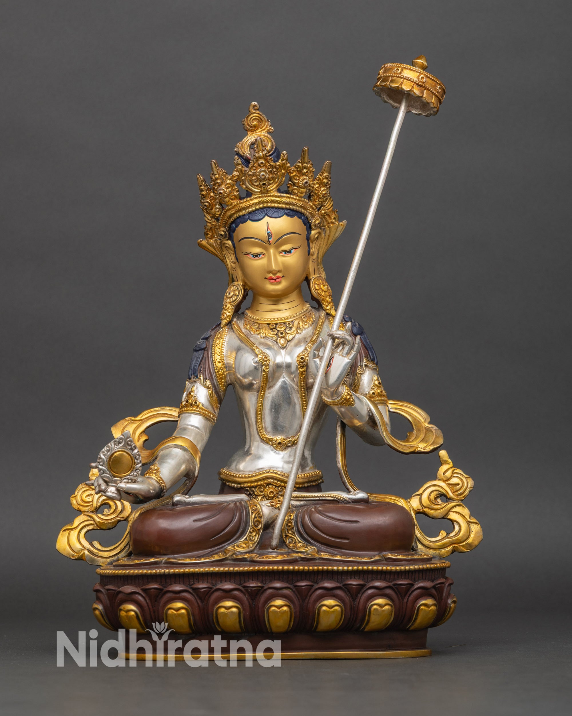 Dukar Sitatapatra statue silver plated with 24K gold details on lotus throne Nepalese Buddhist art