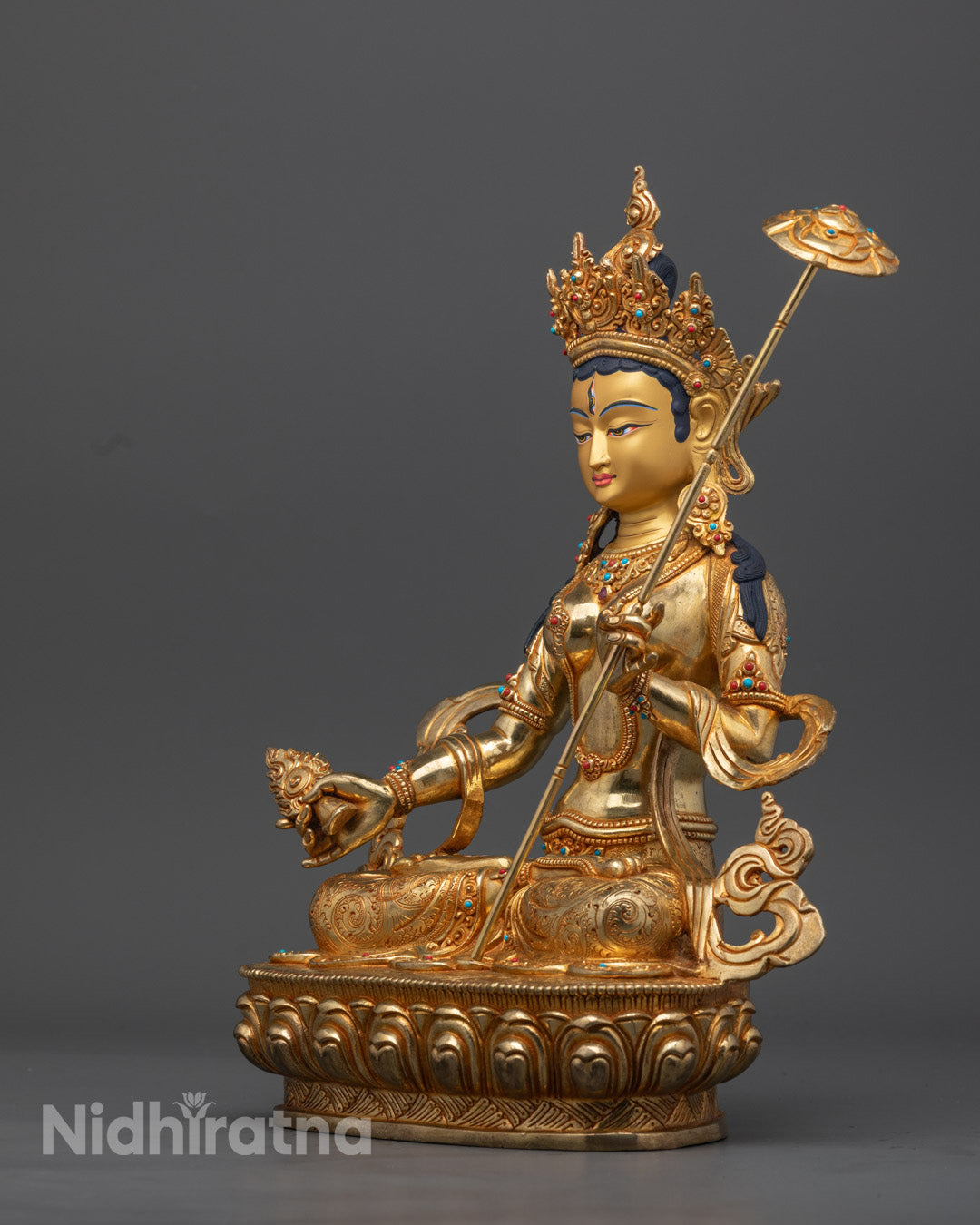 Handcrafted Dukar Statue Seated on Lotus Throne - 24K Gold Gilded Copper Artwork