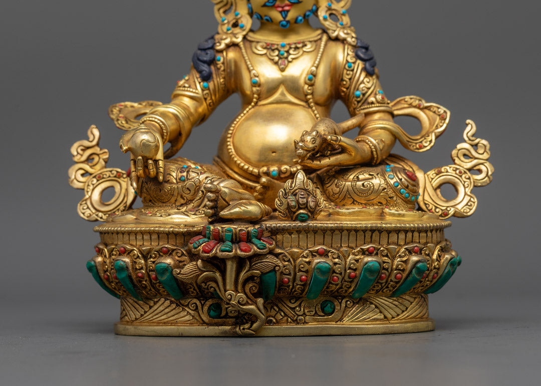 Gold-Plated Dzambhala Wealth Deity Statue Seated on Lotus Throne