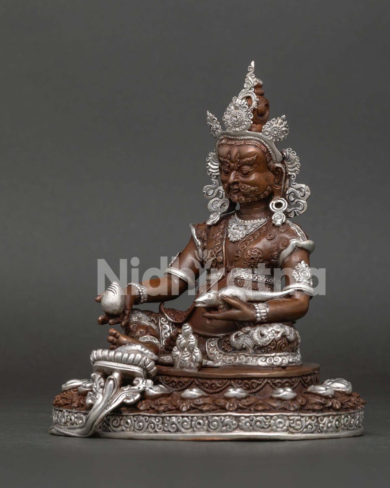 Dzambhala Statue Five Jewel Crown Mongoose Holding Jewels.