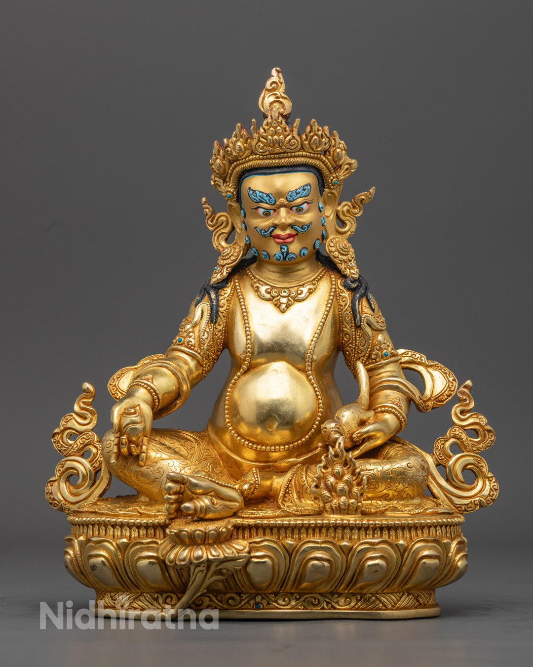 Dzambhala Statue – Hand-Carved Buddhist Wealth God in Gilded Copper