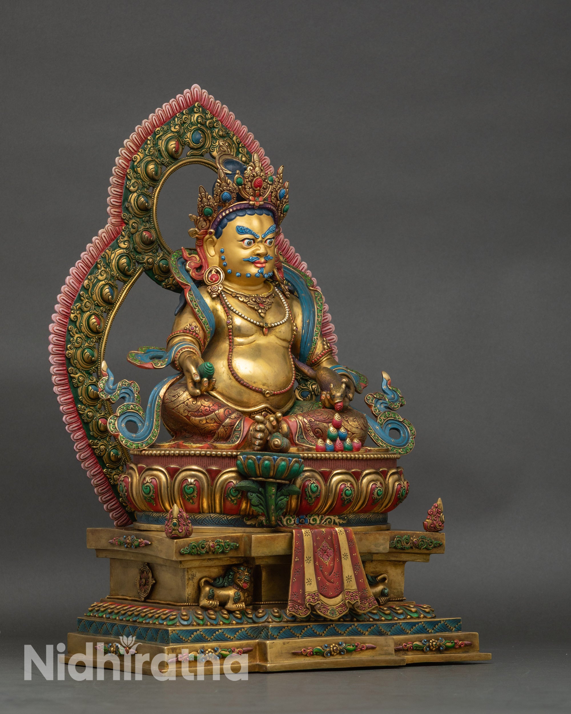 Dzambhala Statue right side view, handcrafted Nepalese copper Buddhist artwork