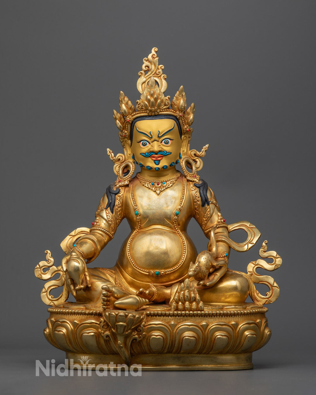 Full view of the Dzambhala Statue seated on a lotus throne, featuring a radiant halo and hollow space for filling auspicious mantras.