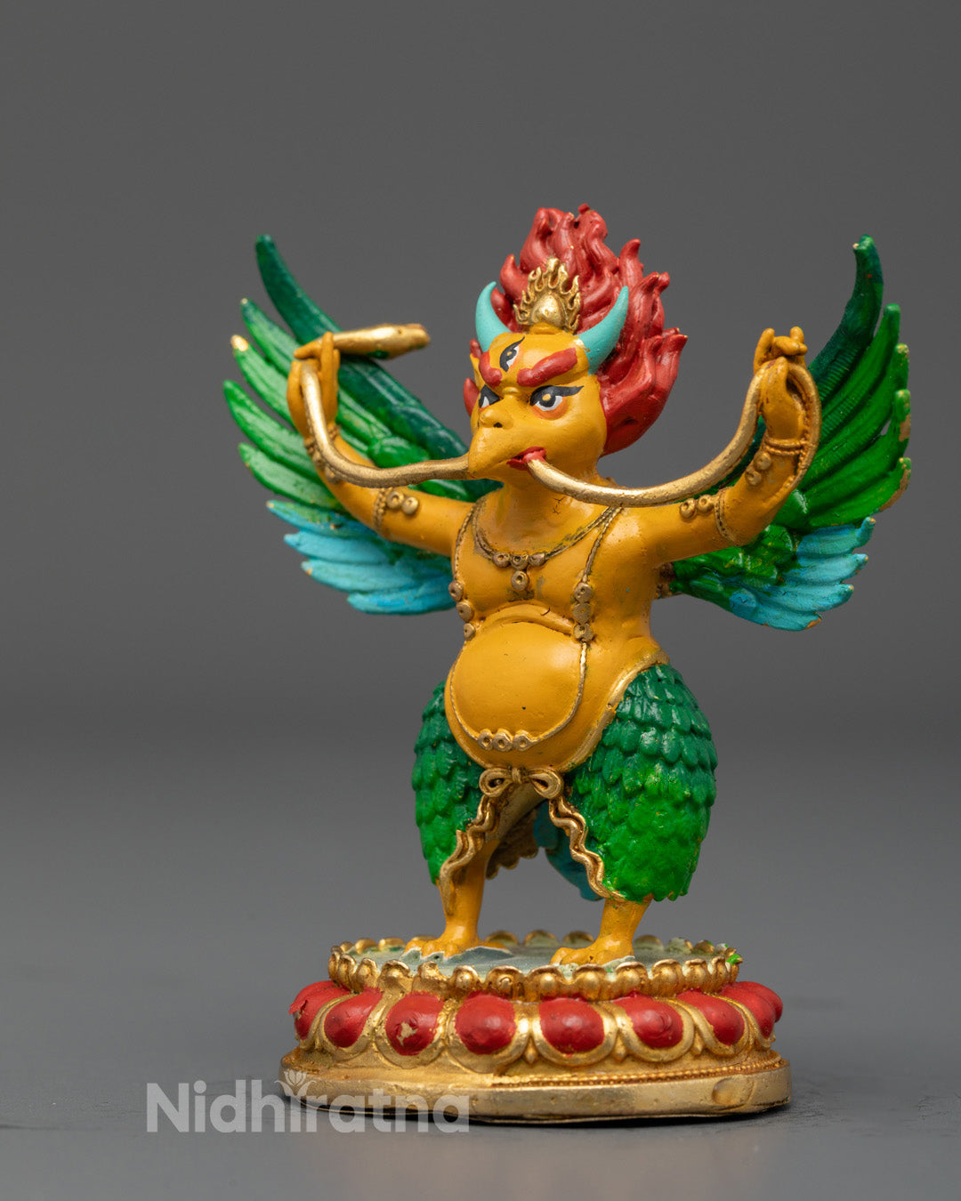 Electroplated Garuda Dev figurine representing fierce protector and sacred mount of Lord Vishnu