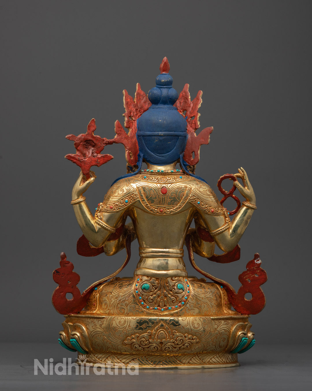 Elegant Chenrezig Statue in meditation pose on lotus base with 24k fire gold gilding