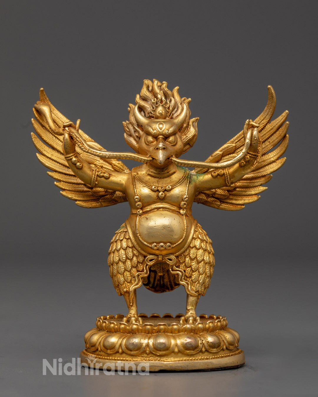 Elegant Garuda Statue with 24K gold-gilded face and fire-gilded body showing vibrant acrylic colors