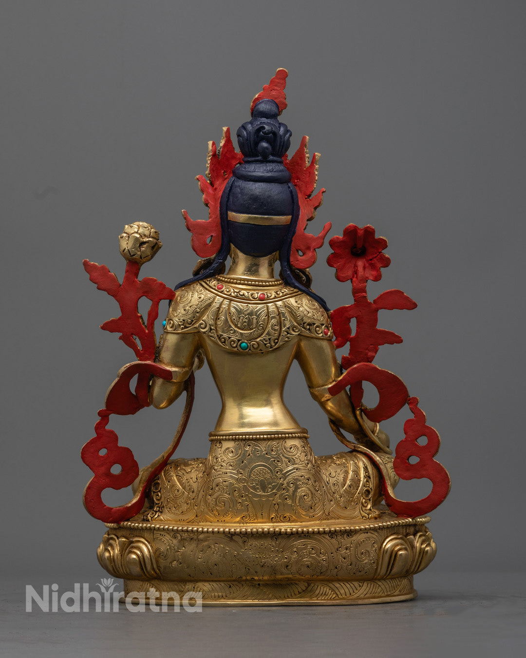 Elegant Green Tara Statue with 24K gold and semi-precious stones, designed with a hollow compartment for filling with mantras and enhancing spiritual energy.