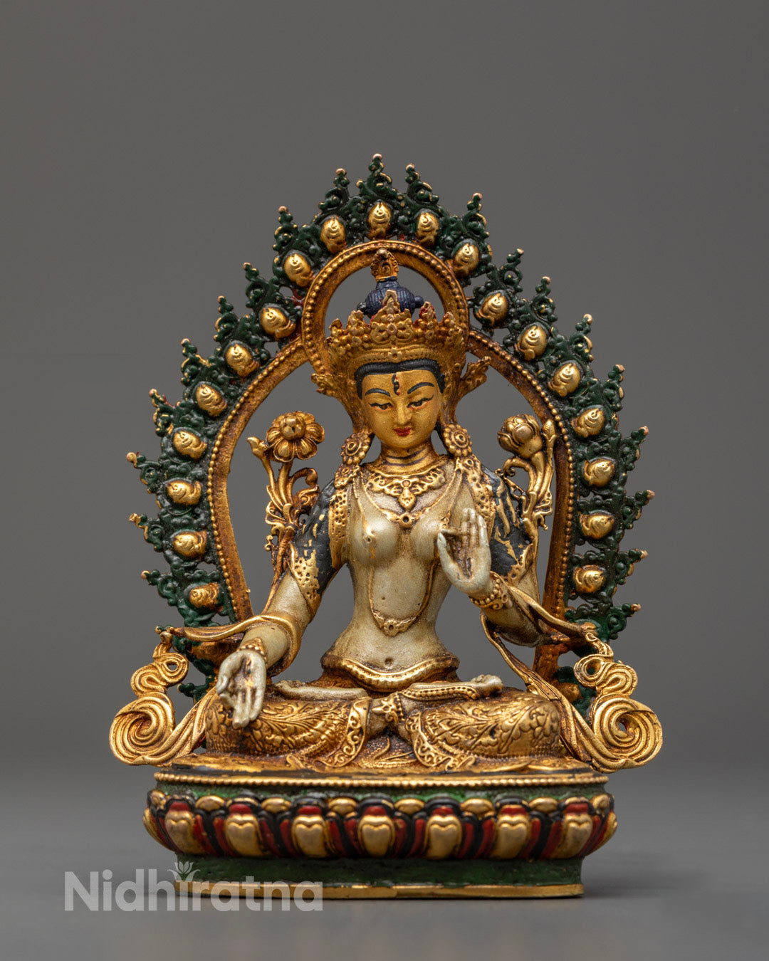 Elegant White Tara sculpture with gold-plated face and gold-gilded machine-made body featuring detailed carvings on jewelry, crown, and robe with rich acrylic colors
