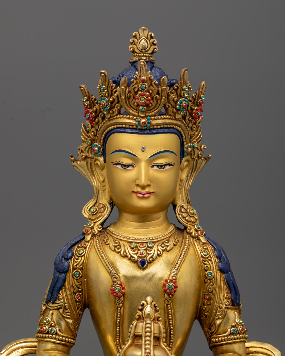 Elegant full view of the Amitayush Buddha statue in 24K gold, a divine representation of healing energy and eternal life for meditation spaces.