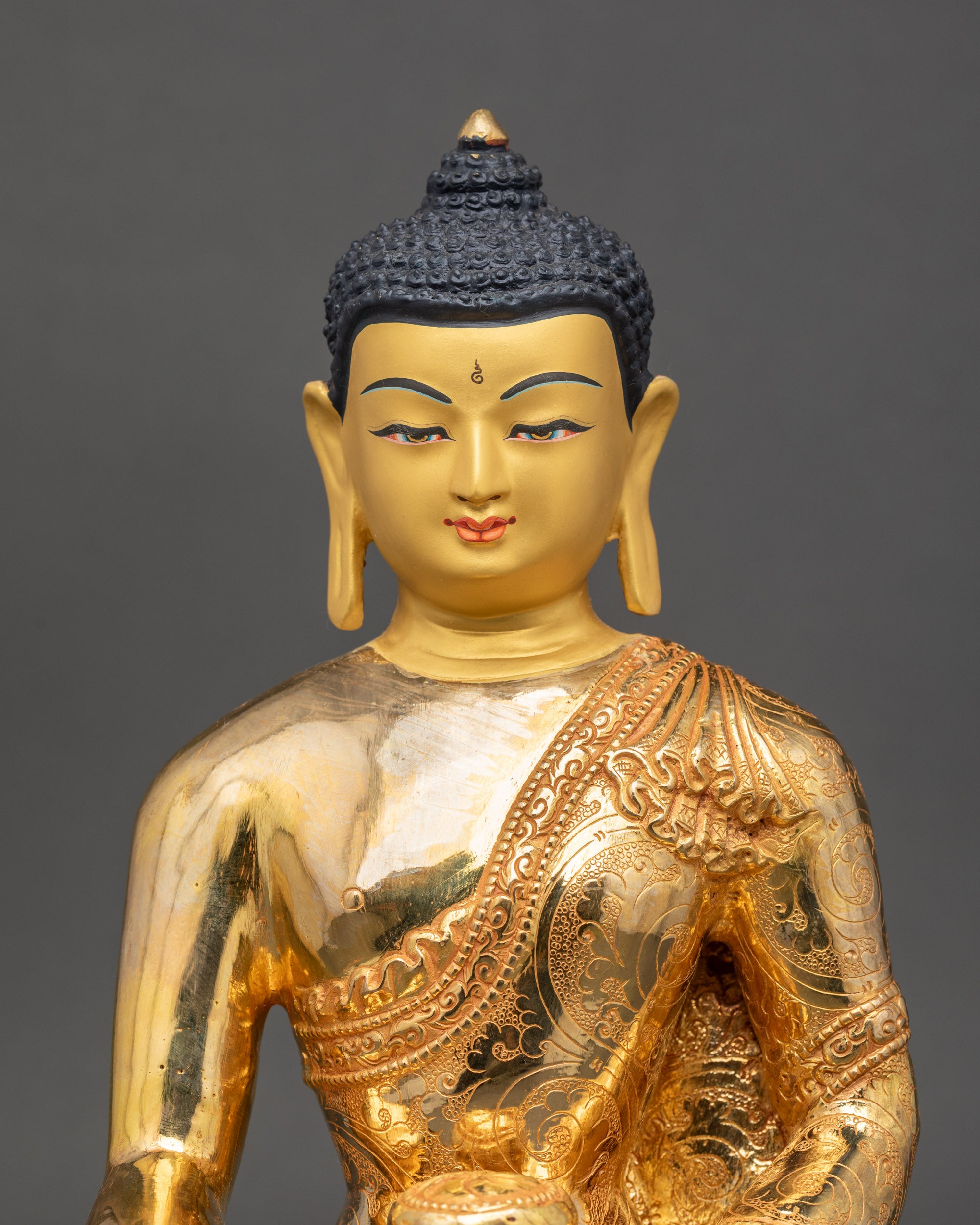 Enlightened One Buddha Statue regular close up lotus pedestal copper gold