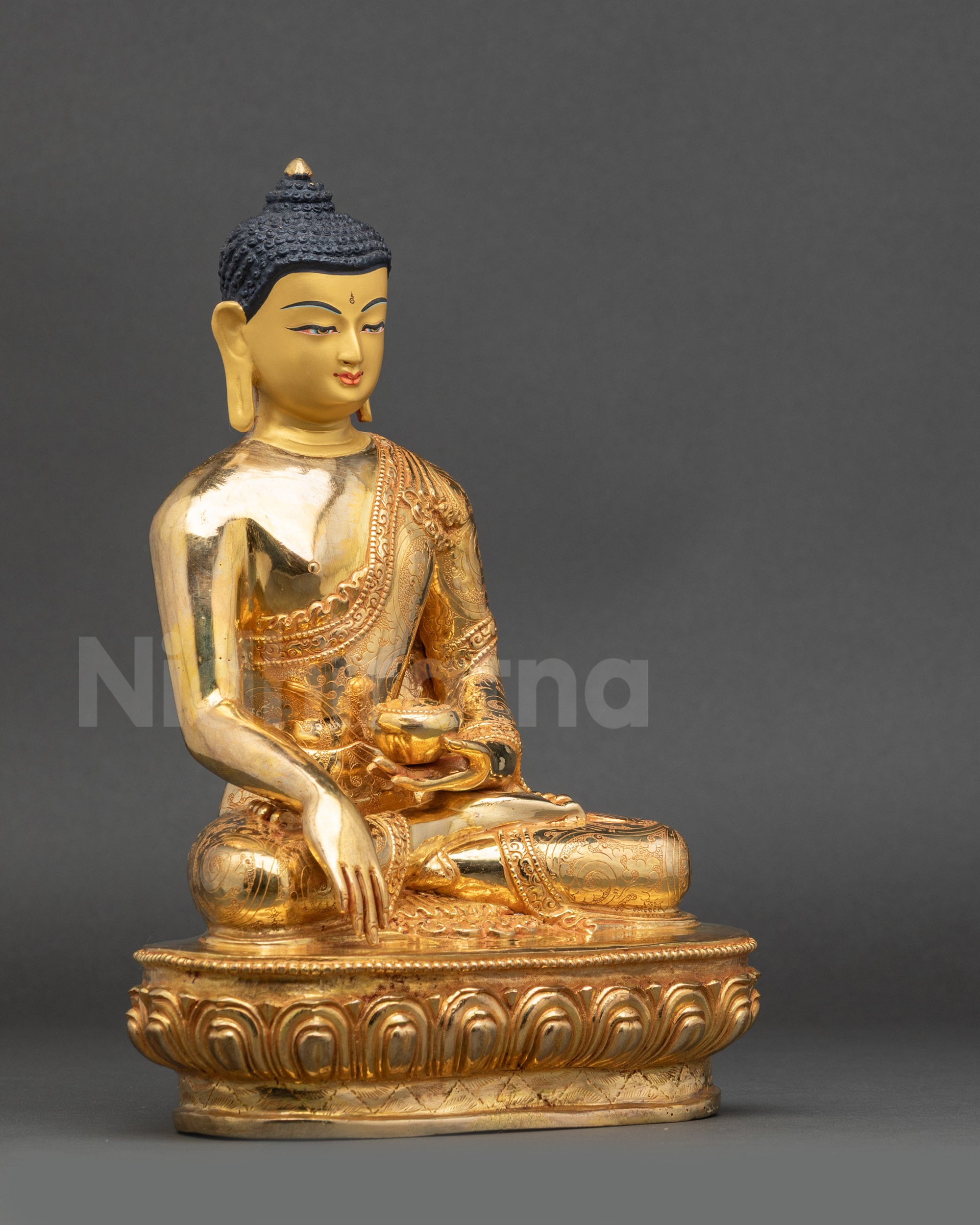 Enlightened One Buddha Statue right side view bhumisparsha mudra lotus base