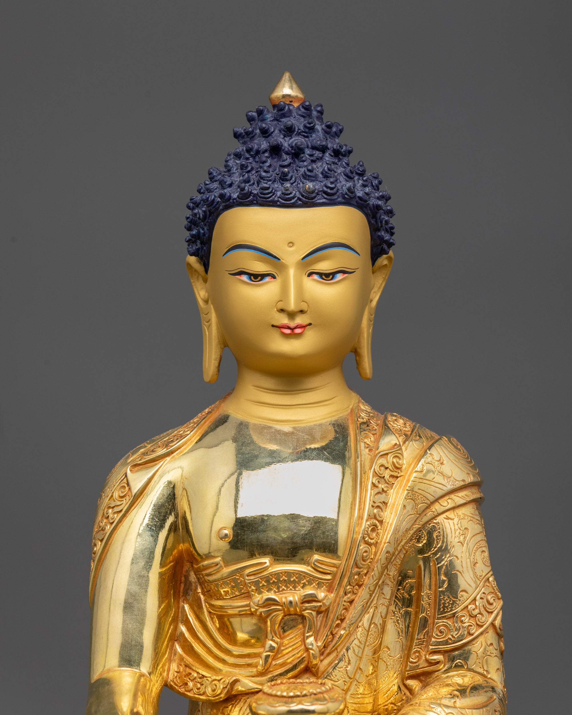 Enlightened Shakyamuni Buddha Statue with Gold-Gilded Face and Lotus Throne Nepal