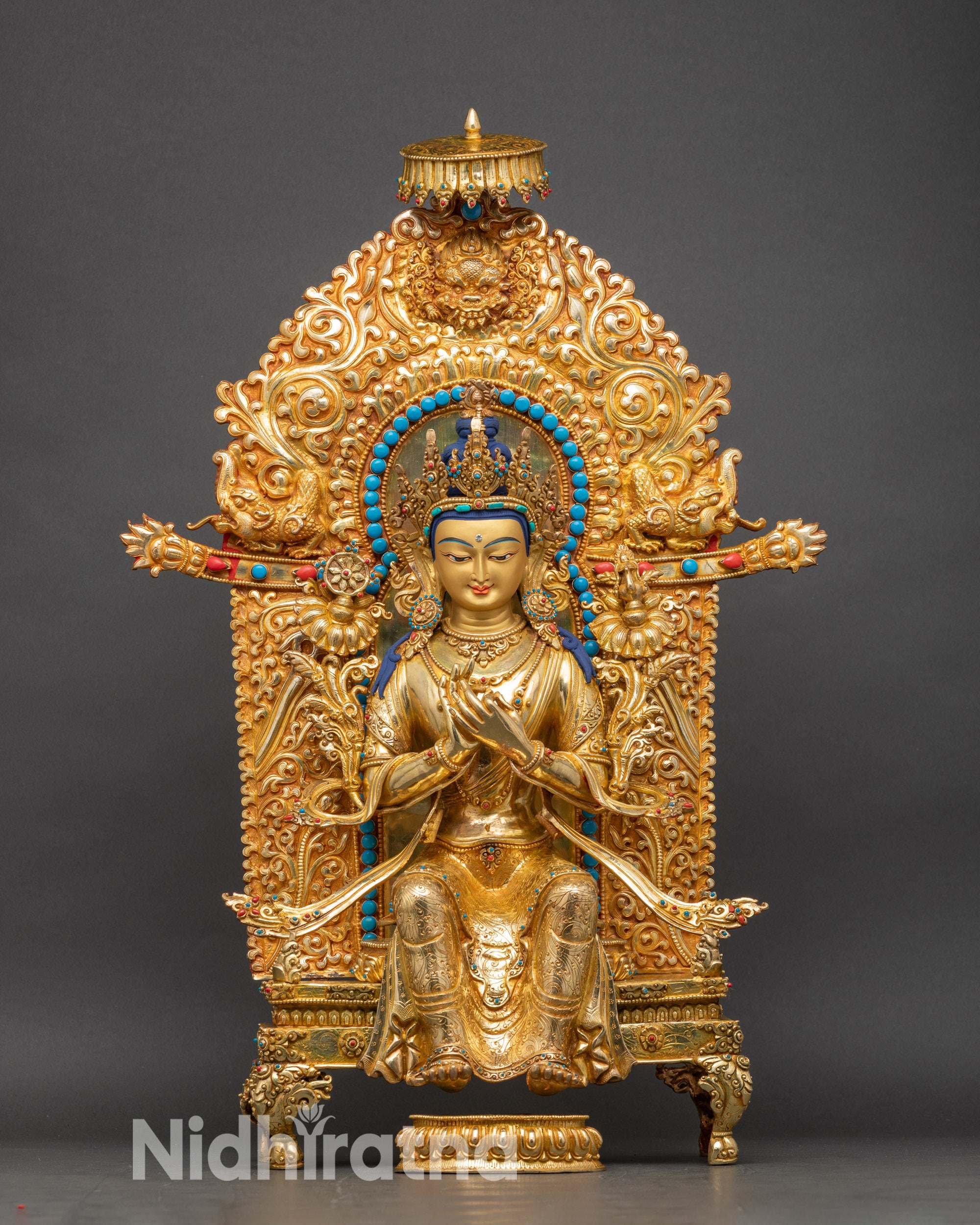 Enthroned Maitreya Buddha statue handcrafted in Nepal with gold fire-gilded copper