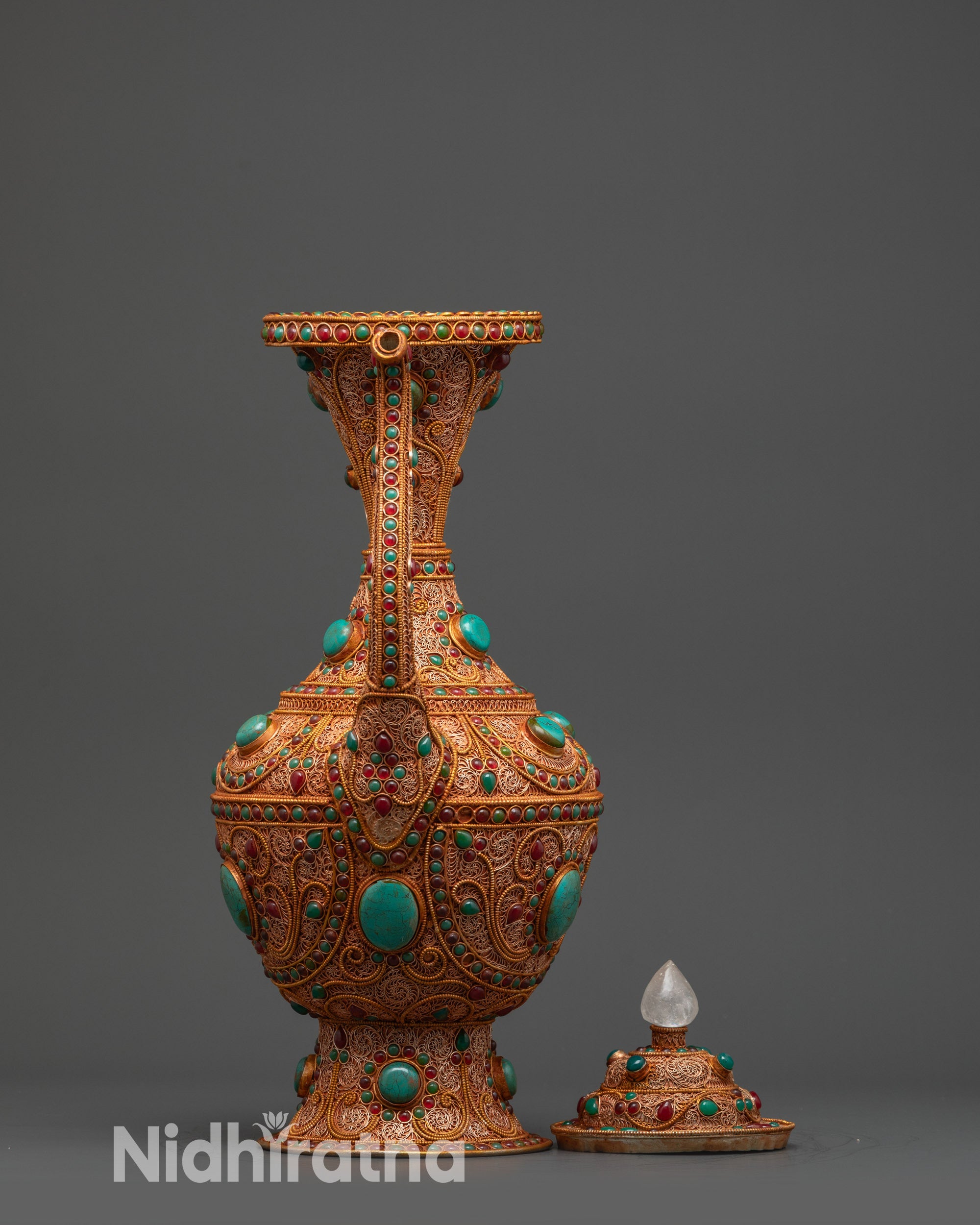 Exquisite Copper Karuwa pitcher from Nepal adorned with crystal cap and detailed metal artistry
