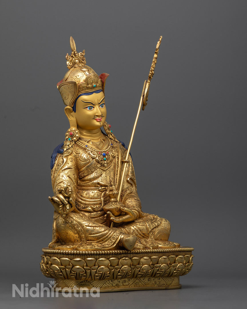 Exquisite Hand-Carved Guru Rinpoche Statue – 24k Gold Gilded Copper with Semi-Precious Stones