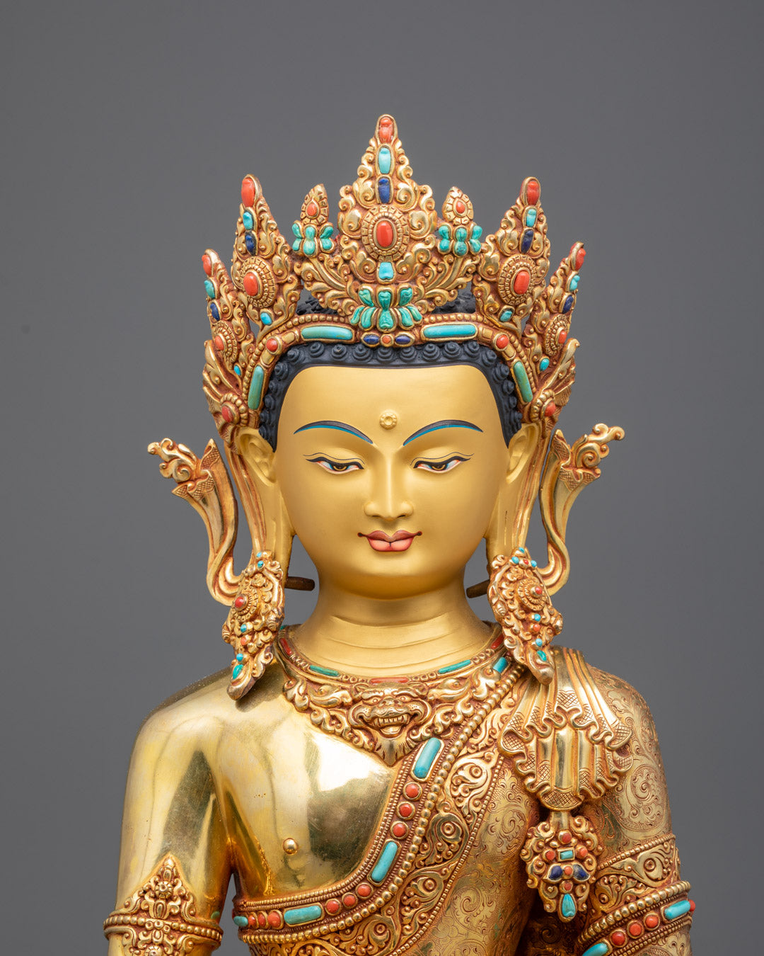 Exquisite Jowo Rinpoche Shakyamuni Buddha statue crafted with copper, 24k gold fire gilding, yellow acrylic paint, and semi-precious stones, handmade in Nepal.
