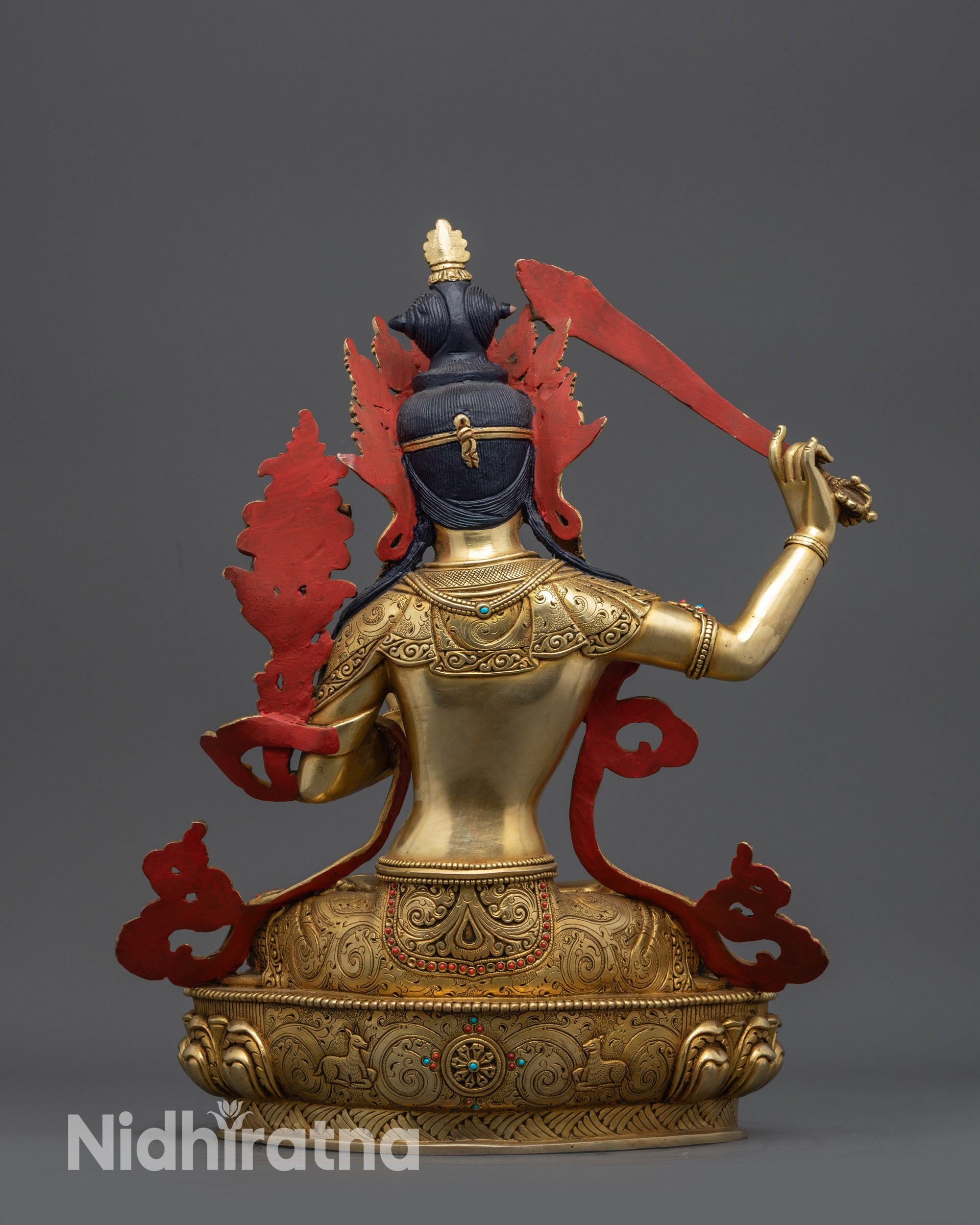 Exquisite Manjushri copper statue with lotus seat and Dharma Wheel carvings