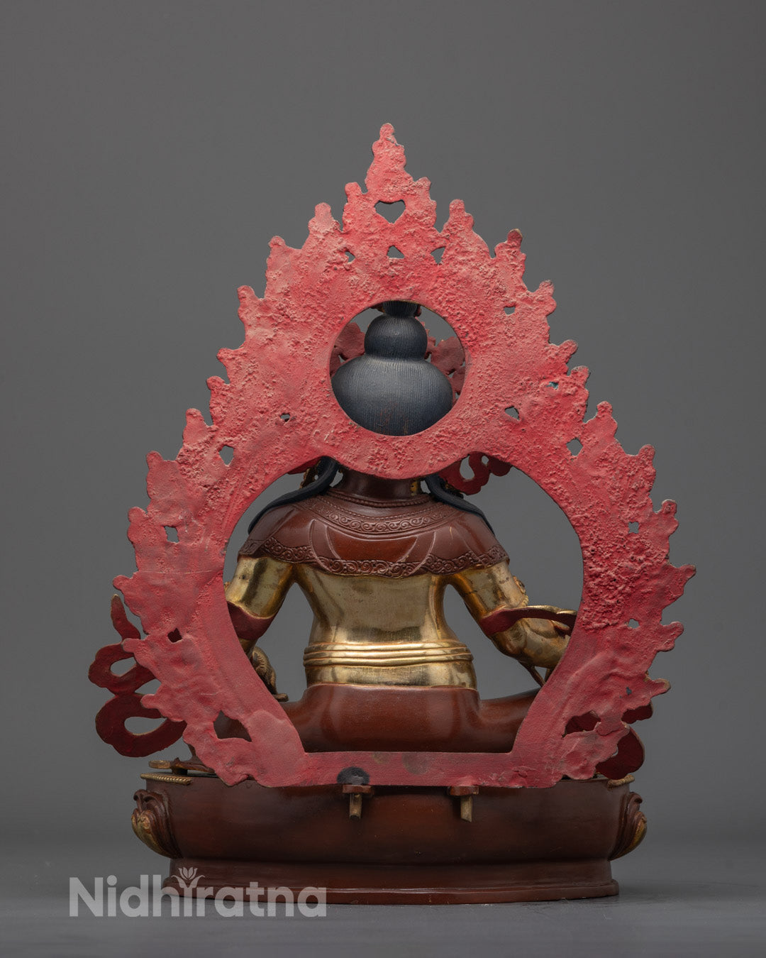 Exquisite back detailing of Jambhala statue - handcarved halo, lost wax method, Nepal craft