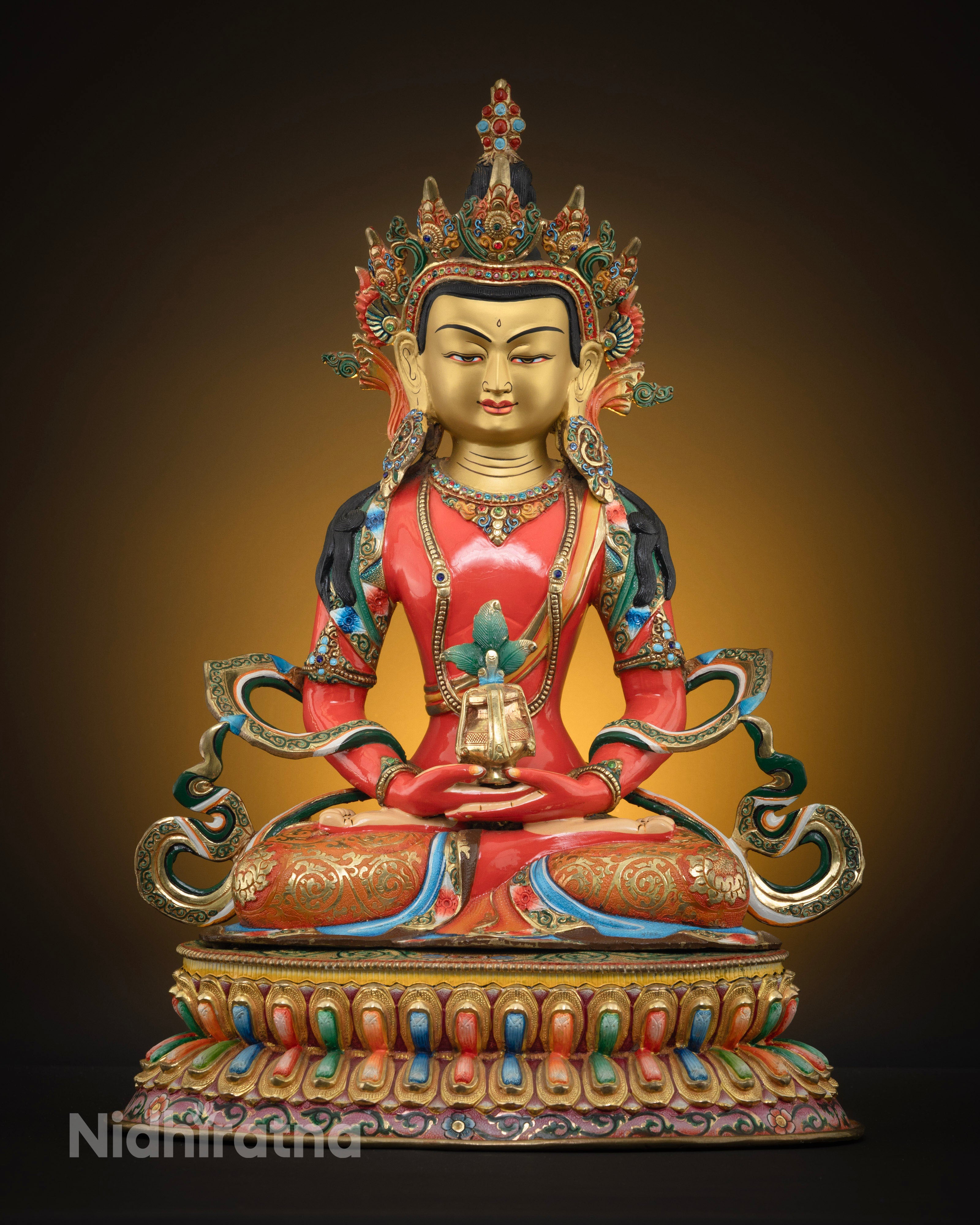Exquisite handcrafted Amitayus Buddha statue in vibrant red, featuring a serene gold-painted face and a finely detailed 5-jeweled crown adorned with semi-precious stones, symbolizing divine wisdom and longevity.