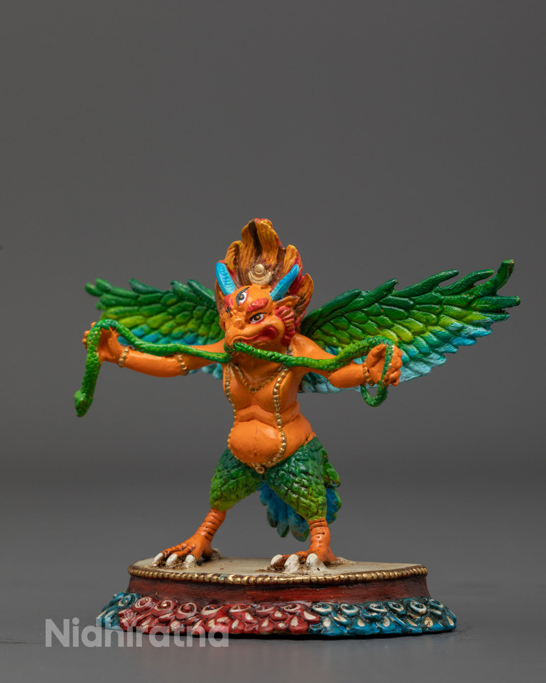Exquisite multi-colored Garuda statue for meditation altar and home sanctuary, representing courage, liberation, and sacred grace
