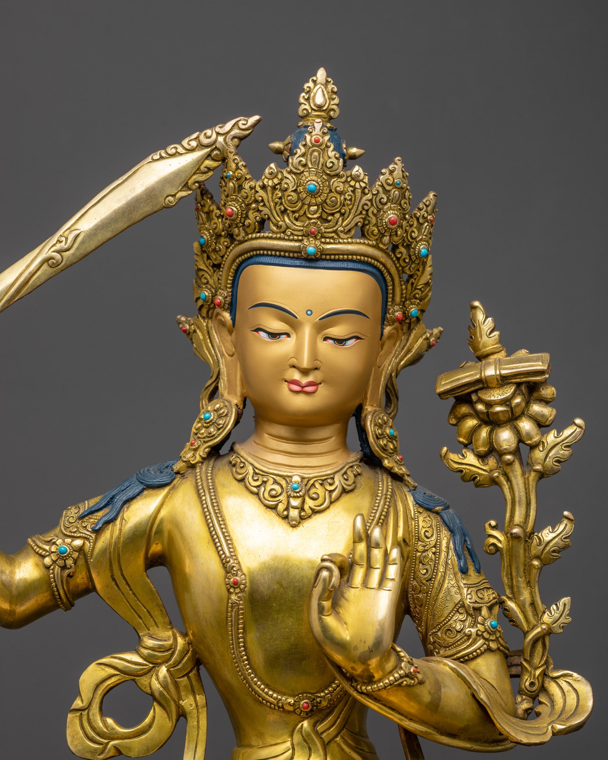 Bodhisattva of Wisdom Manjushri Statue | 24K Fire Gold-Gilded Sculpture