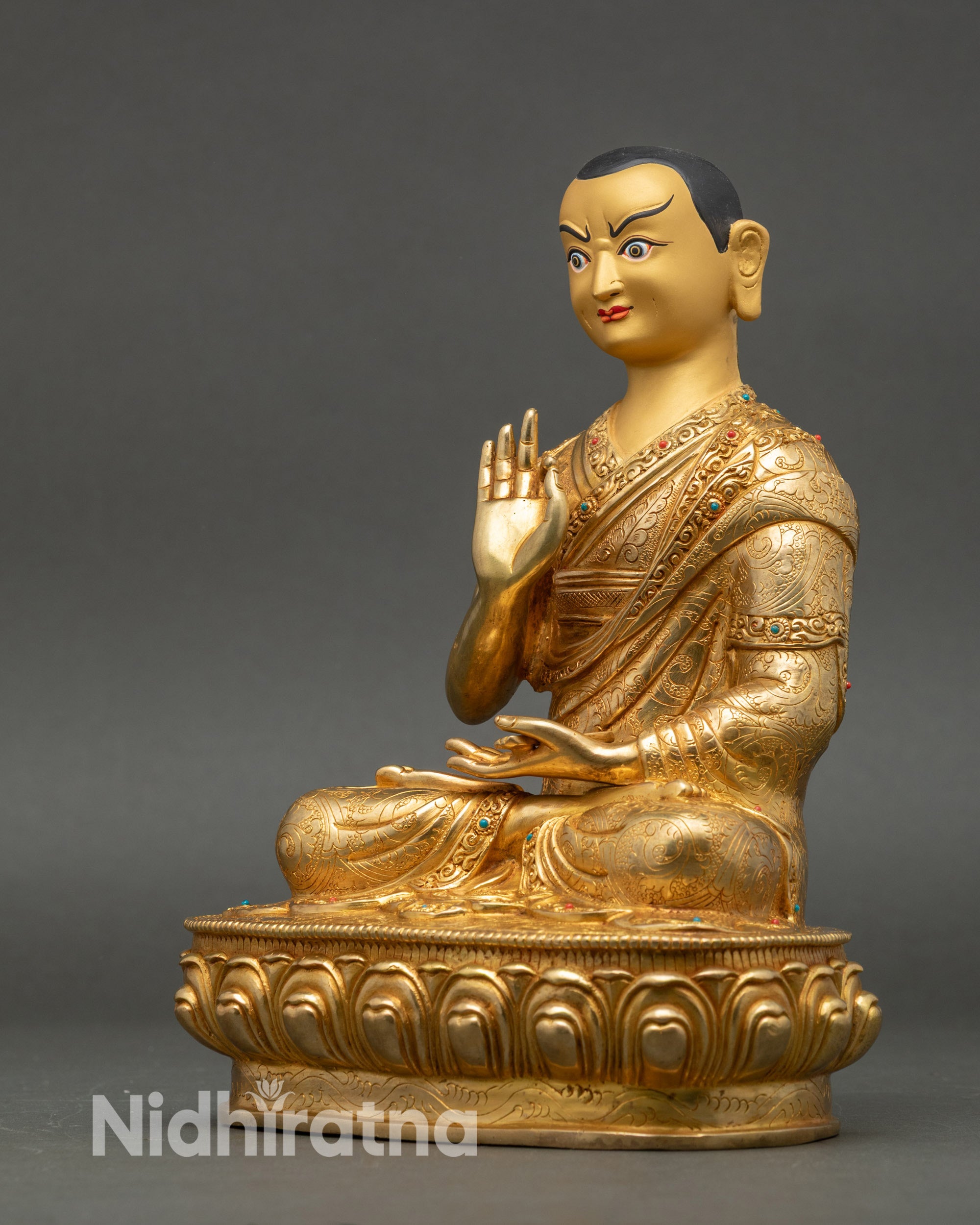 Tsongkhapa with Two Disciples | Handmade 24K Gold Nepalese Sculpture