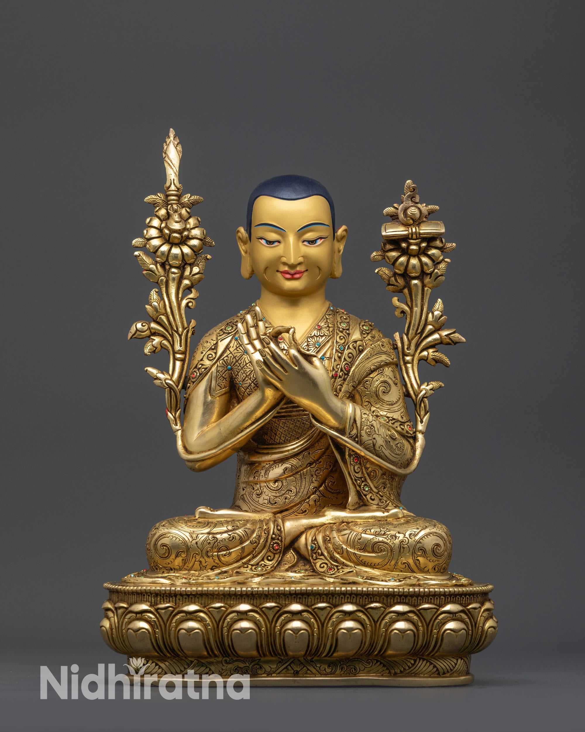 Lama Je Tsongkhapa Set Statue | 24K Gold-Gilded Gelug Master Trio