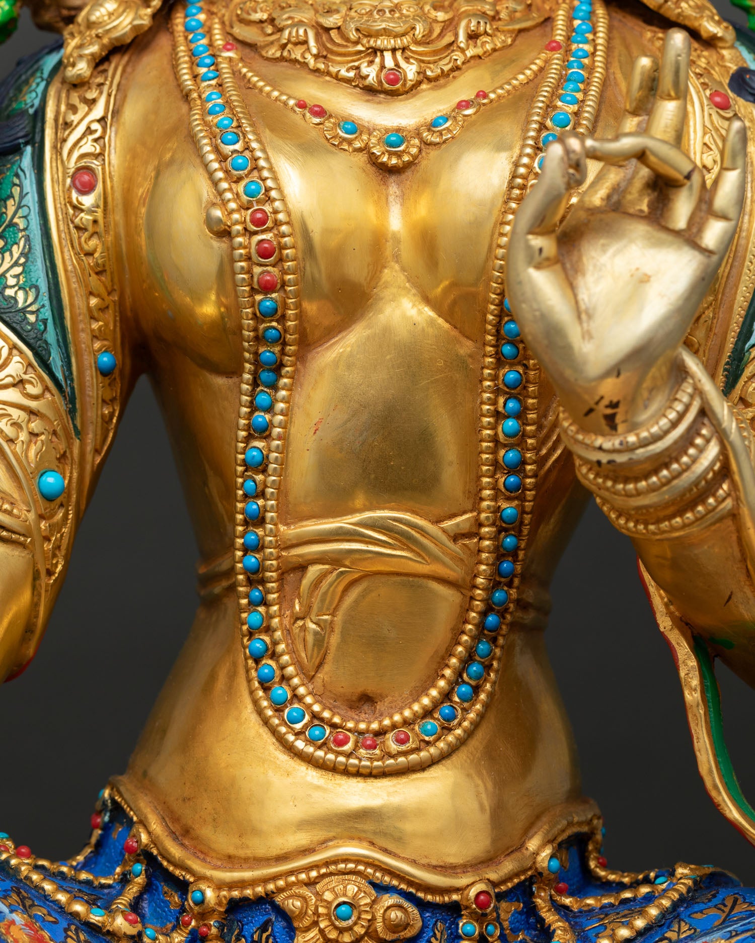 Enthroned Green Tara Statue | Multicolor Nepali Buddhist Artwork