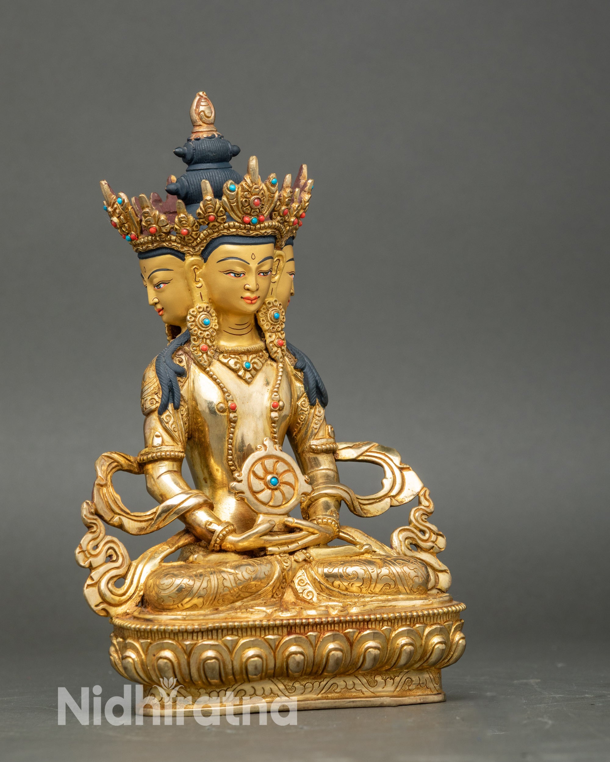 Side view Vairocana Buddha statue, intricate carved robe, jeweled ornaments, meditation decor