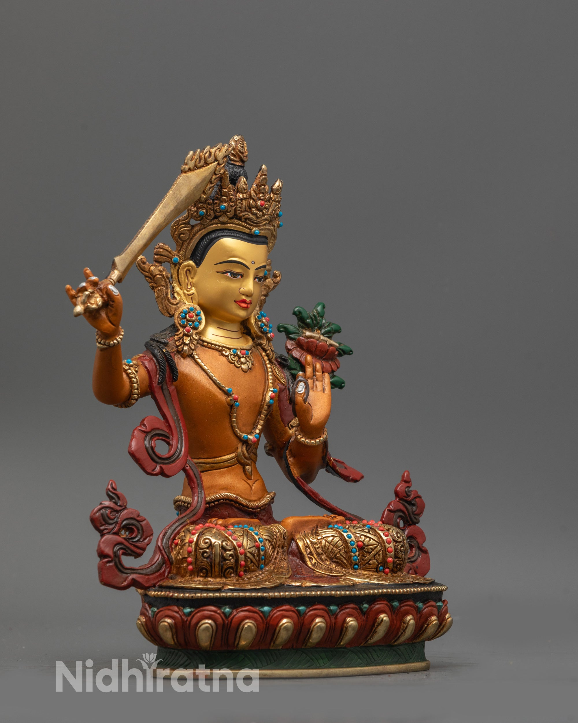 Premium Copper Manjushri Statue showcasing intricate flowing robes
