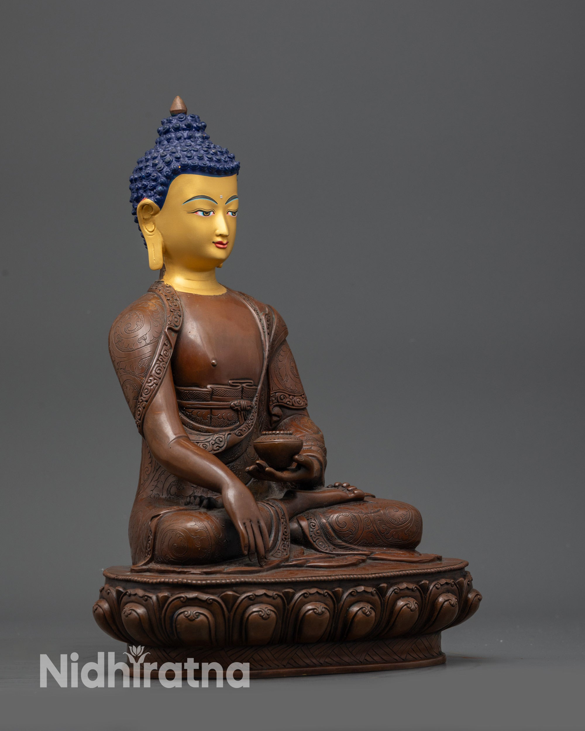 Tibetan Shakyamuni Buddha Statue – Oxidized Copper with Gold Face
