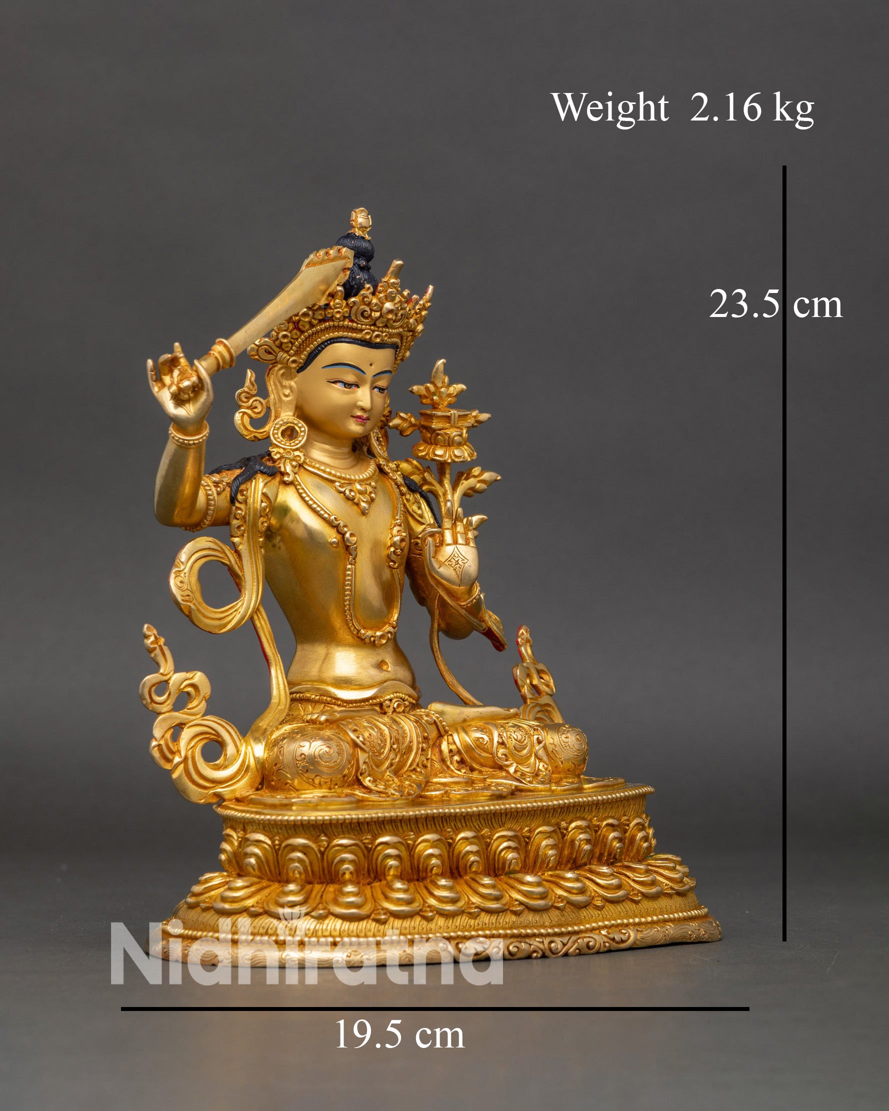 side-view-manjushri-statue-lotus-pedestal-meditation-copper-gold-bodhisattva