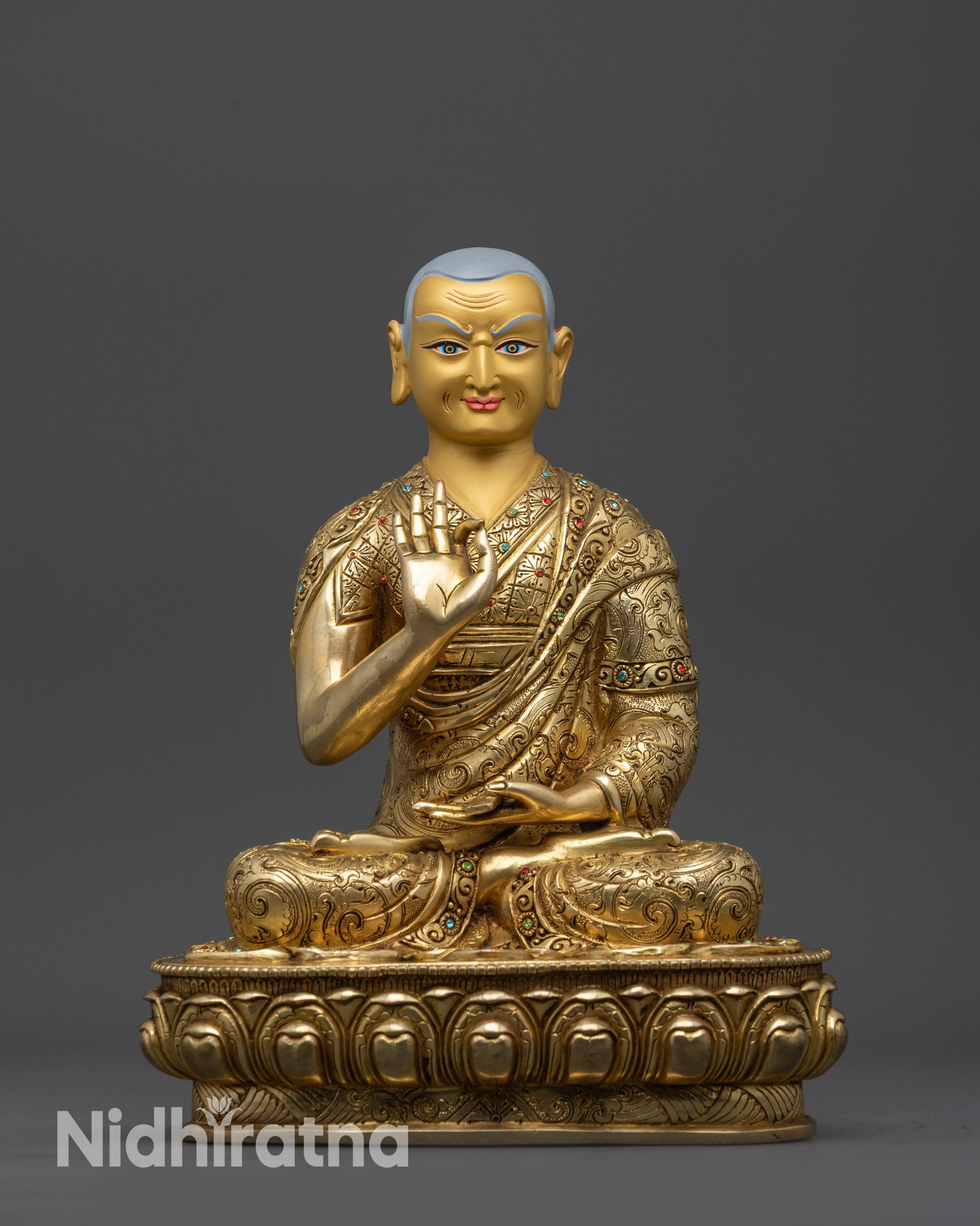 Lama Je Tsongkhapa Set Statue | 24K Gold-Gilded Gelug Master Trio