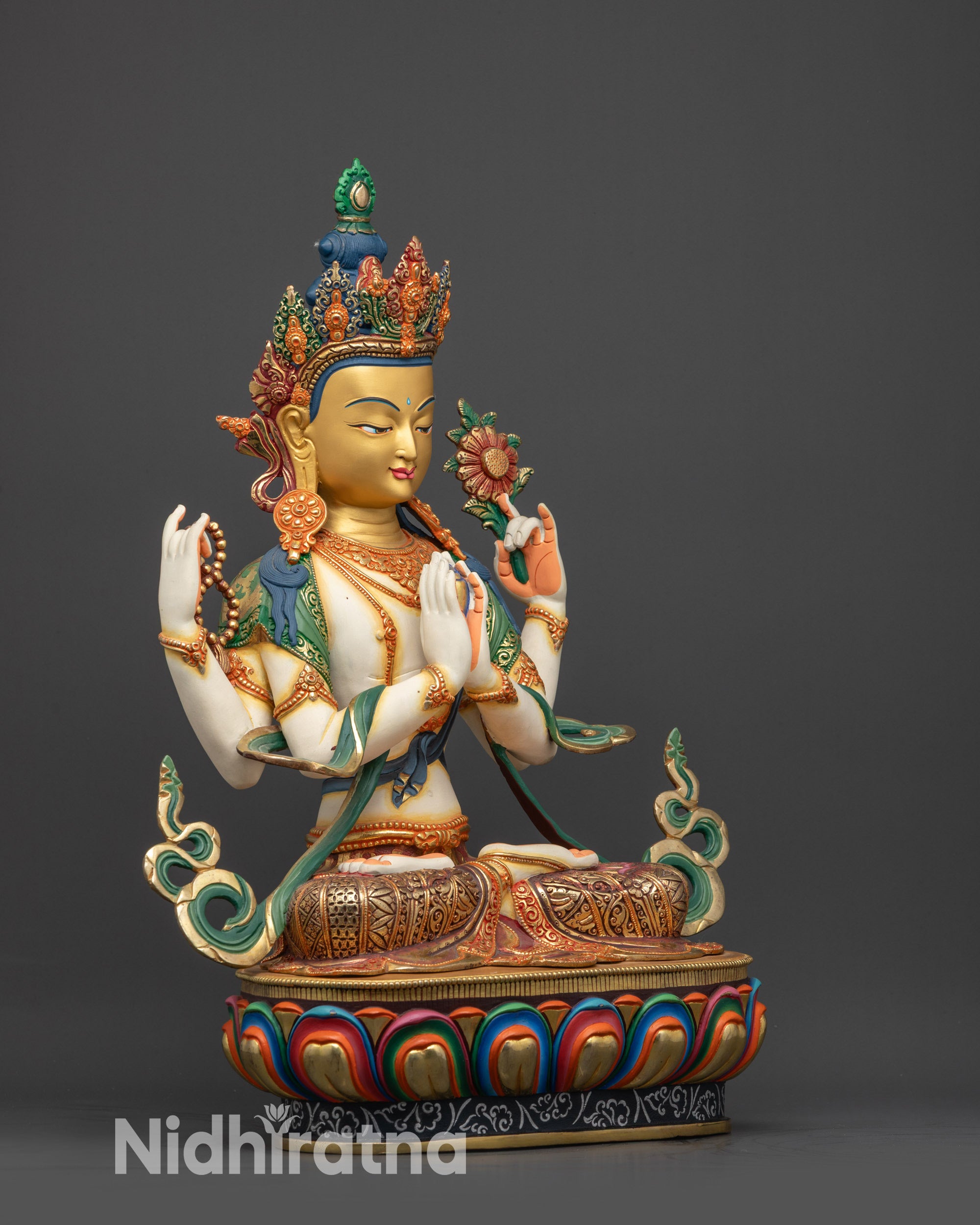 White-Hued Bodhisattva Chenrezig Sculpture | Hand Painted Nepalese Art