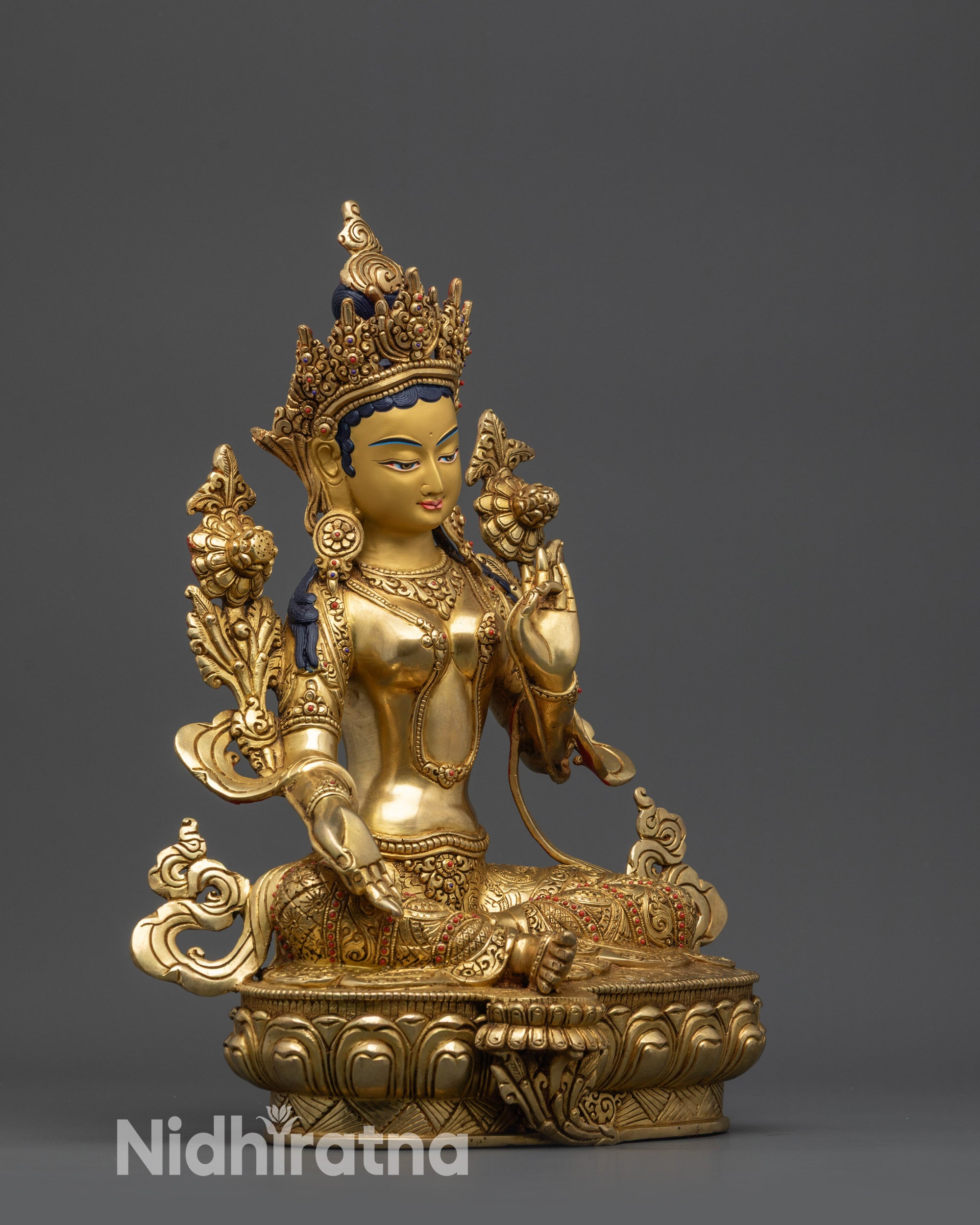Handcrafted Statue of Divine Green Tara | 24K Gold Face of Mother Tara