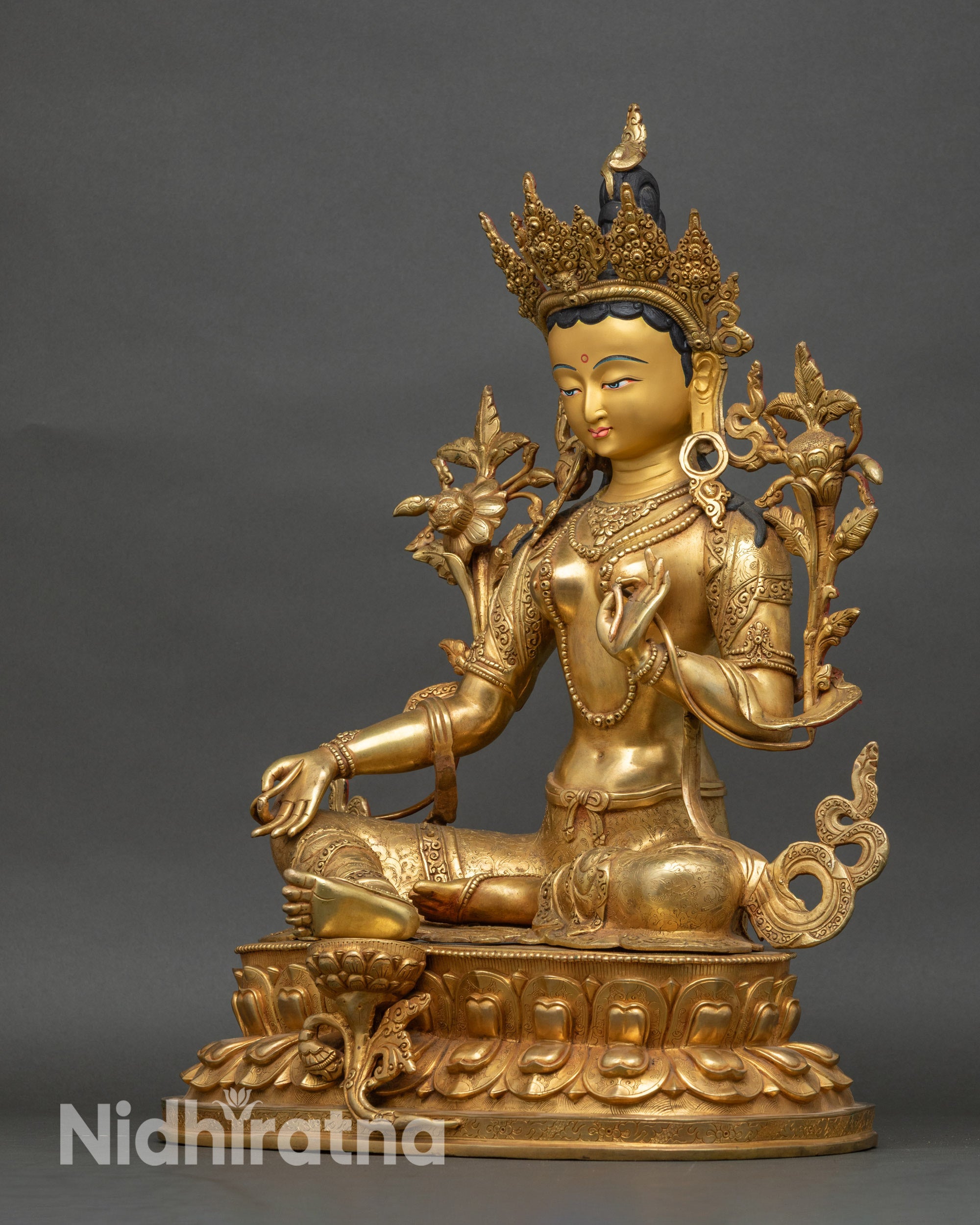 24K Gold Hand-Carved Green Tara Statue for Spiritual Space