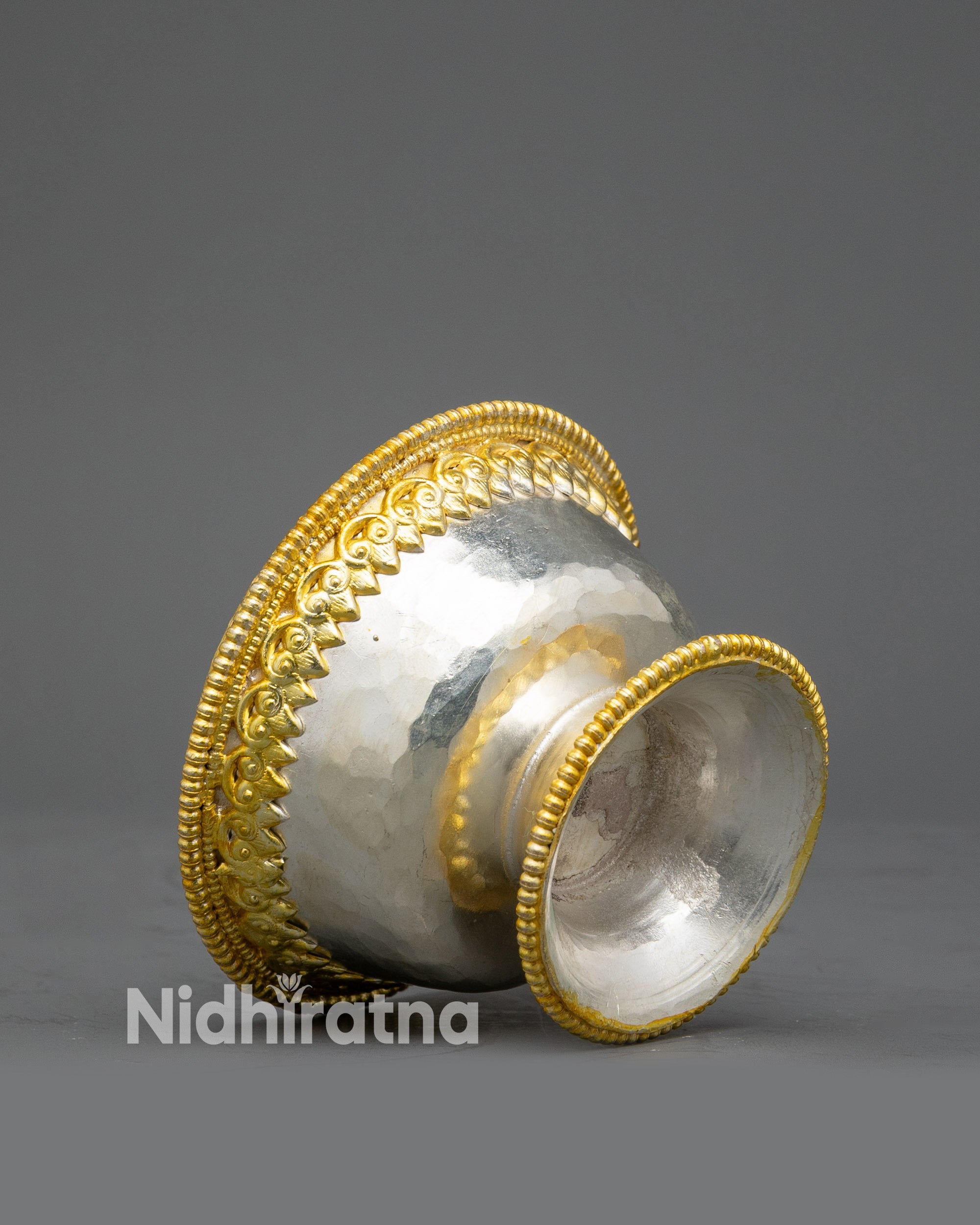 Side view seven Water Offering Bowls, handcrafted copper with gold & silver plating