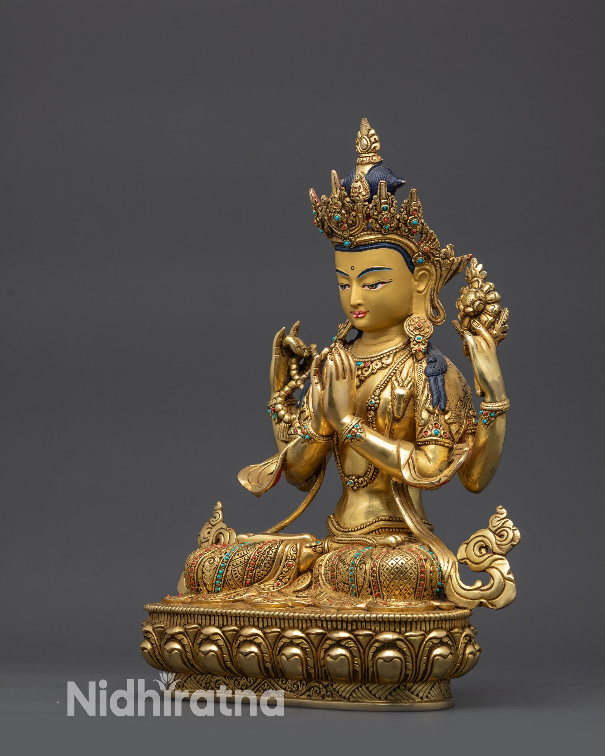 Four-Armed Divine Chenrezig Sculpture | 24K Gold-Gilded Buddhist Idol