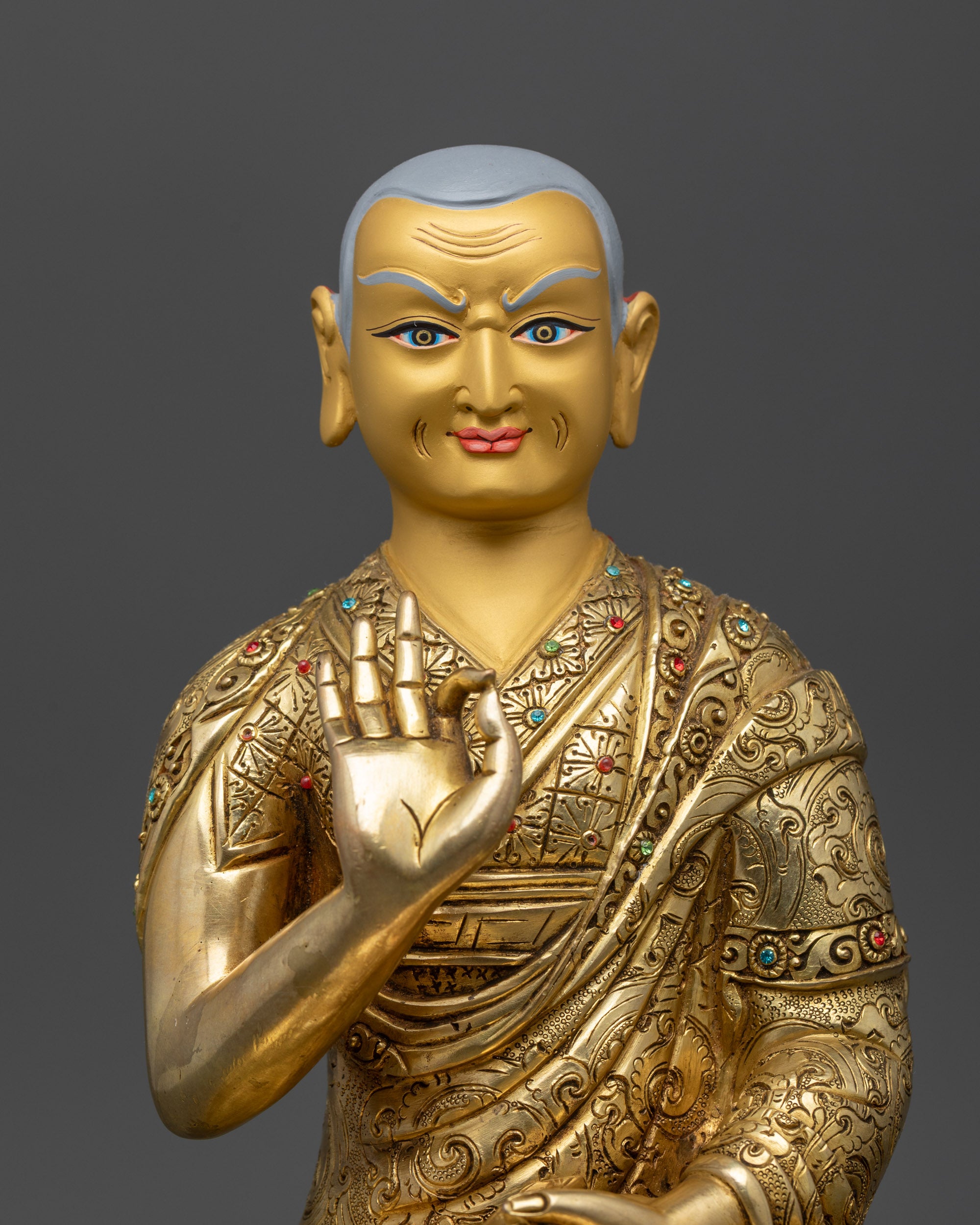 Lama Je Tsongkhapa Set Statue | 24K Gold-Gilded Gelug Master Trio