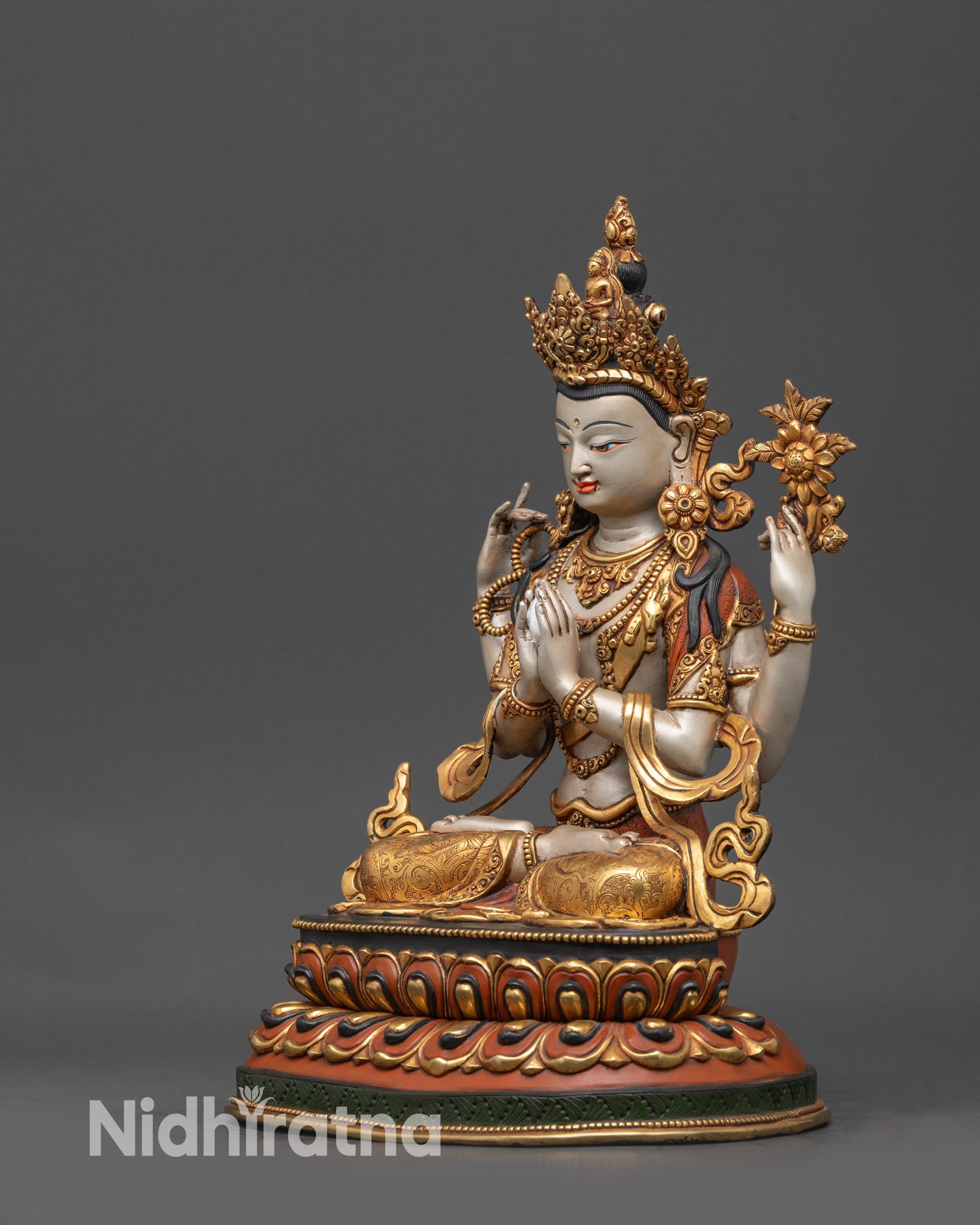 Tibetan Four-armed Chenrezig Statue | Premium Acrylic Colored Sculpture