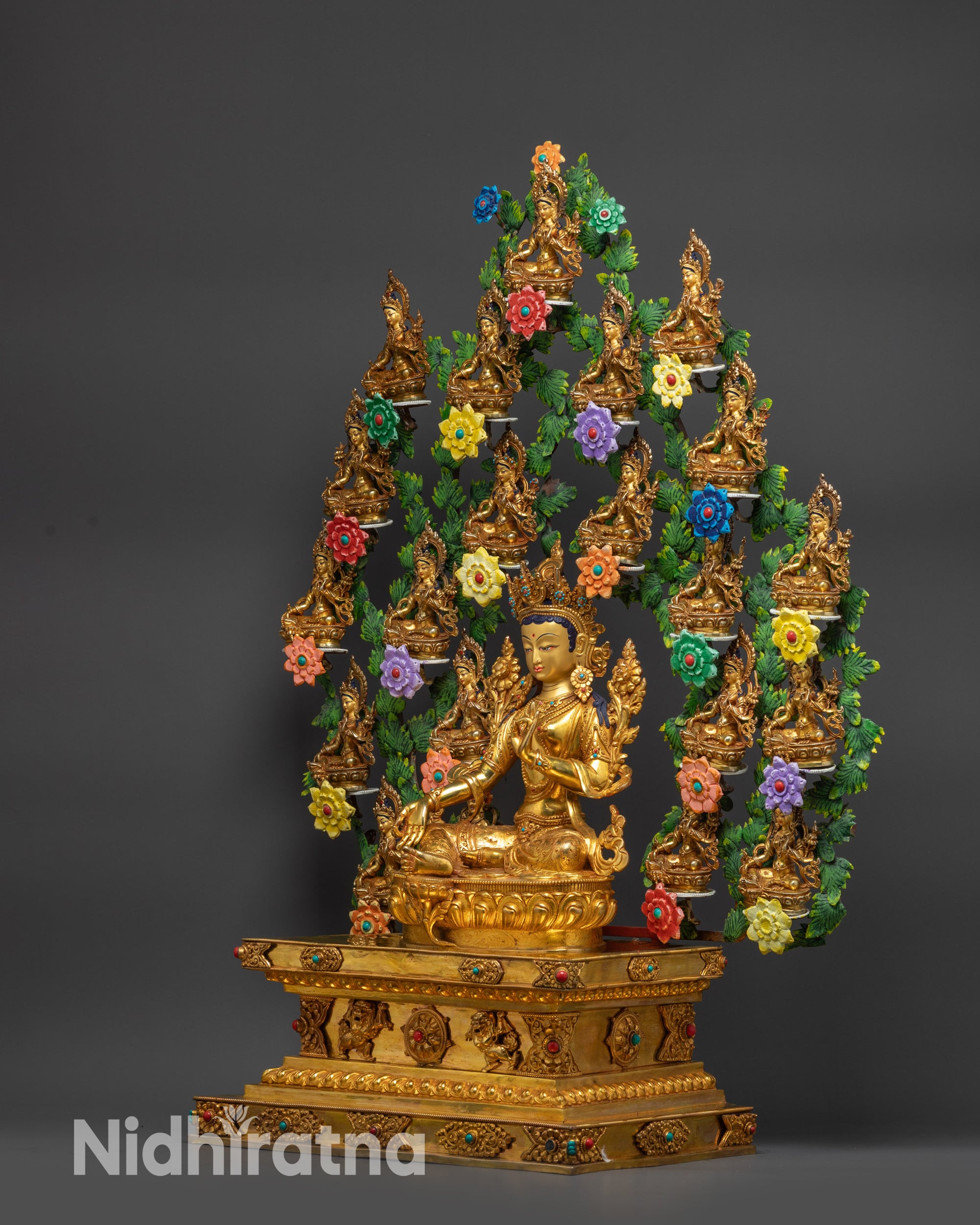 Hand-painted leaves and floral motifs on 21 Tara Tree Statue symbolizing compassion and wisdom