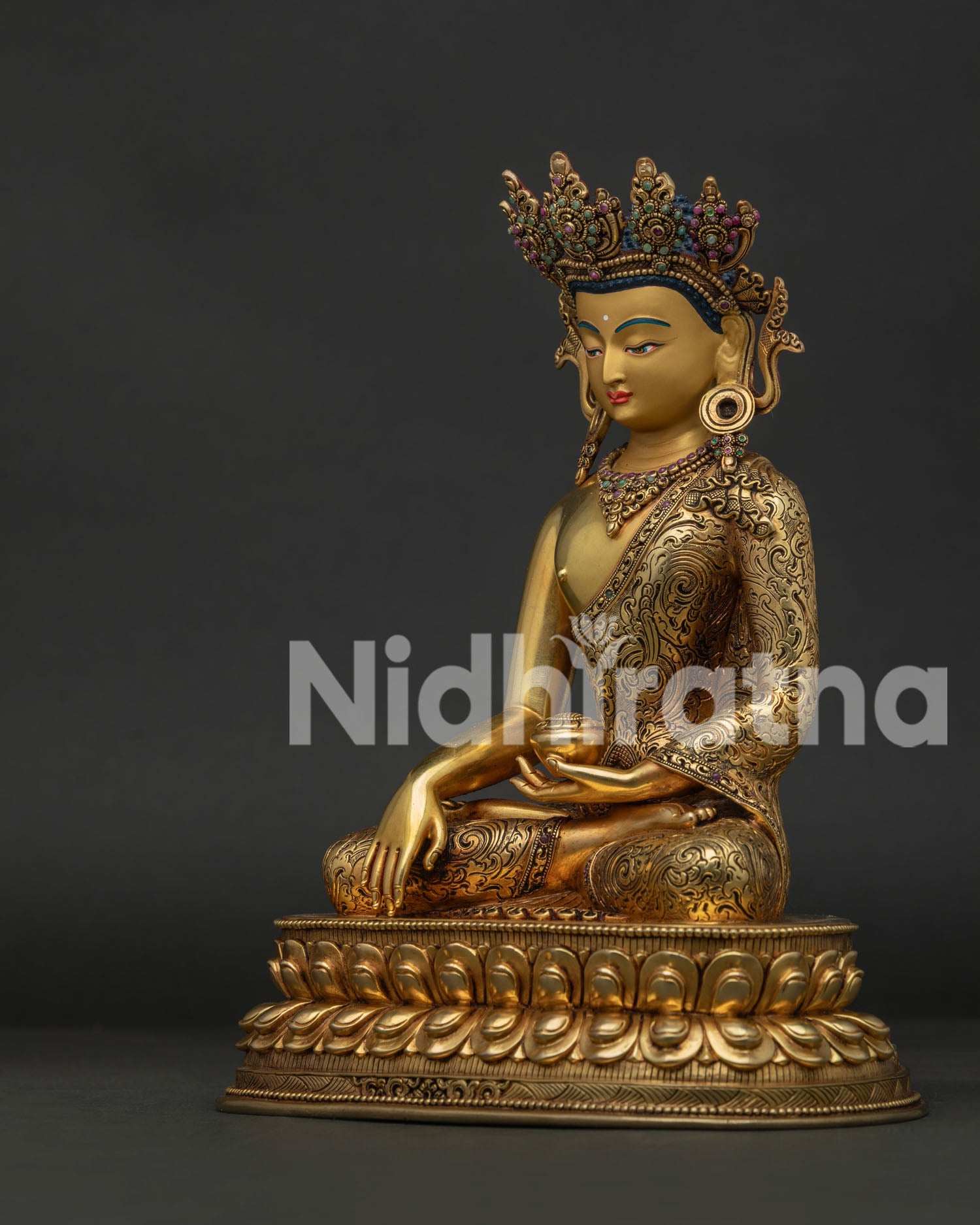 crowned shakyamuni buddha statue left side view featuring fire gilded copper craftsmanship