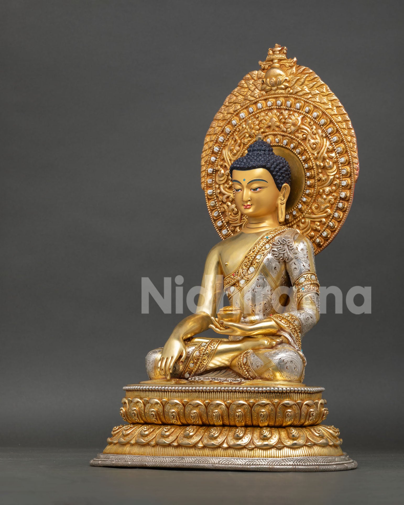 Shakyamuni Buddha Statue with Ornate Halo | Buddhist Art