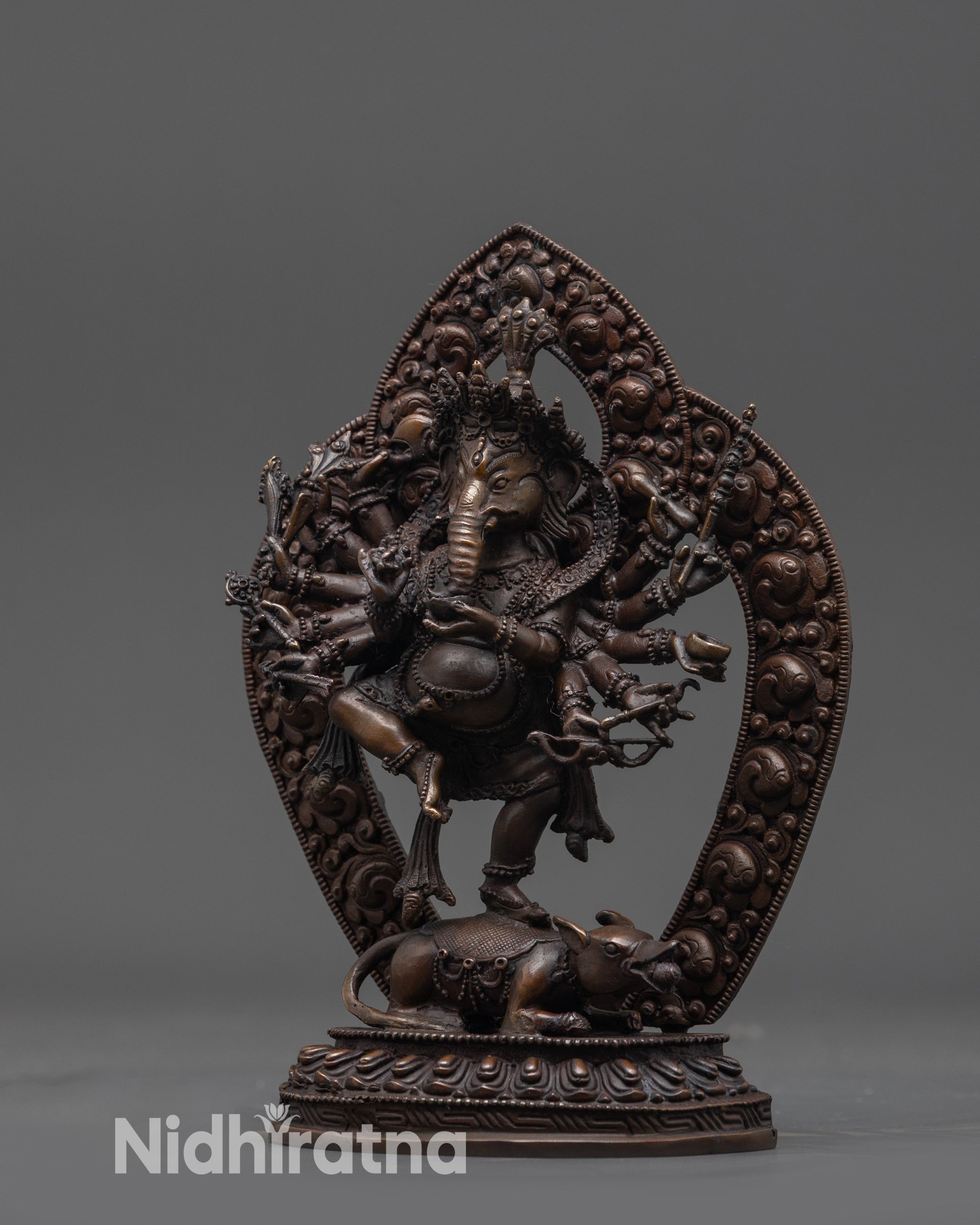 12 Armed Oxidized Ganesha Statue | Artistic Elephant God Idol for Home