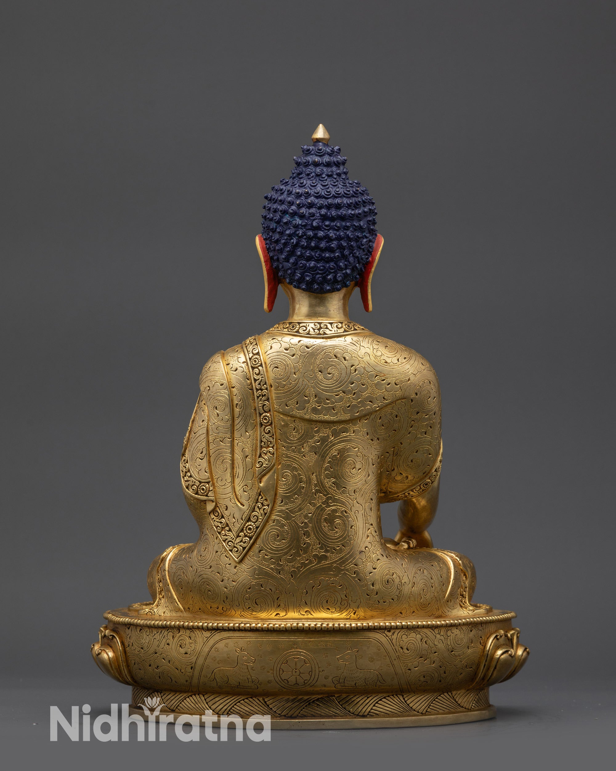 Back view Sacred Shakyamuni Buddha Sculpture showing detailed carvings Nepal