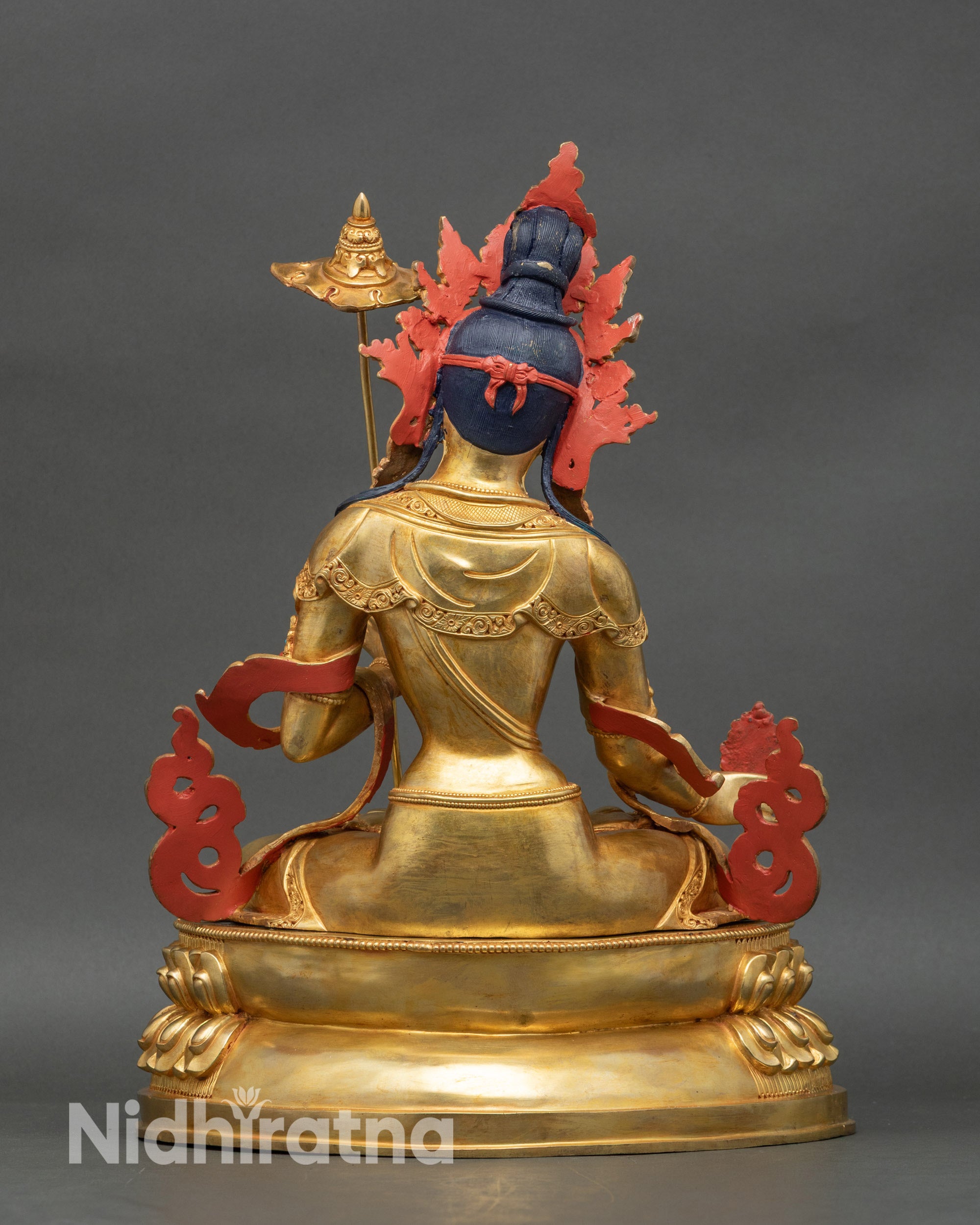 Back view Dukar statue oxidized copper gold gilded handmade Tibetan Buddhist sculpture