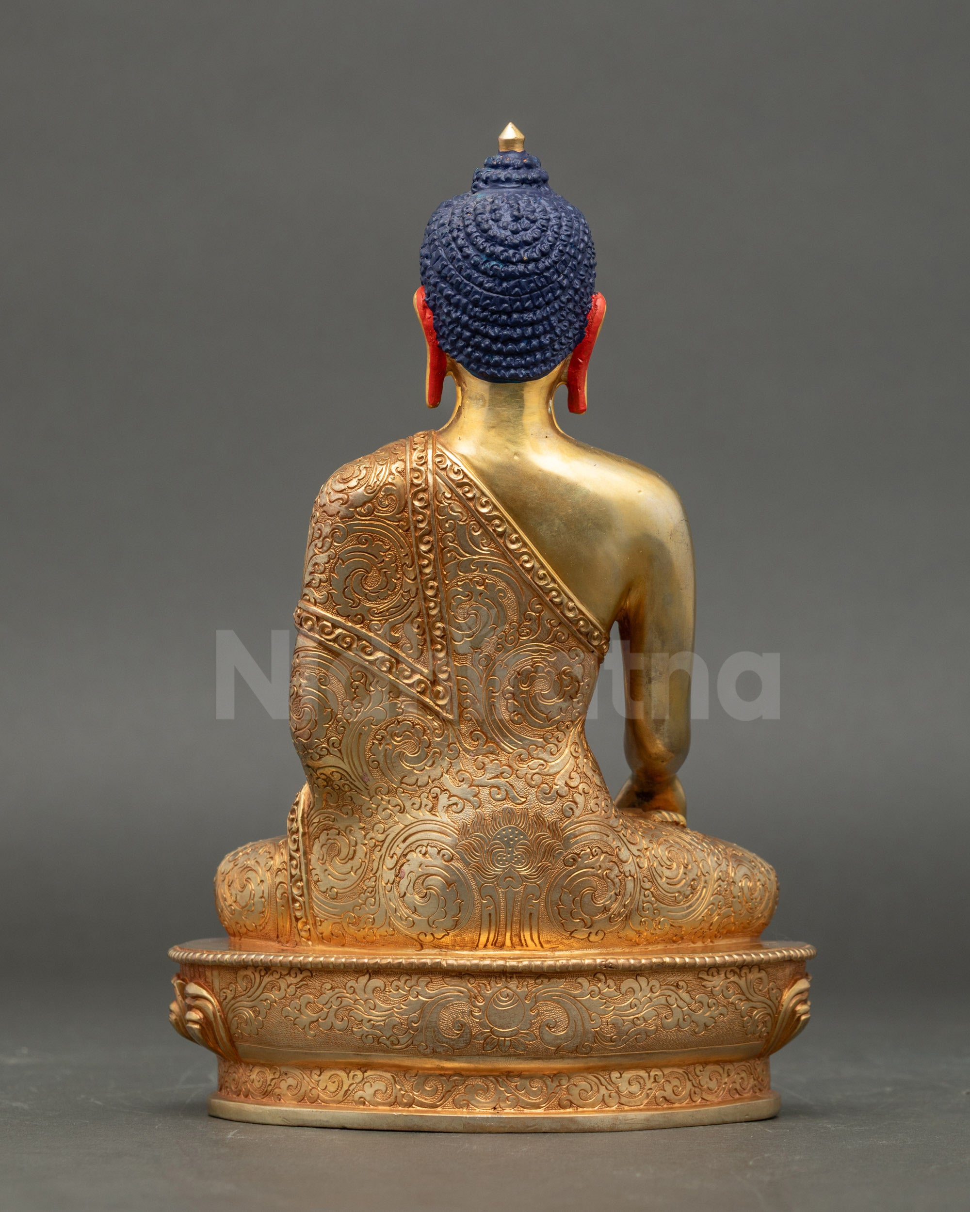Back view Gautama Buddha statue handcrafted copper with gold fire-gilded Himalayan art