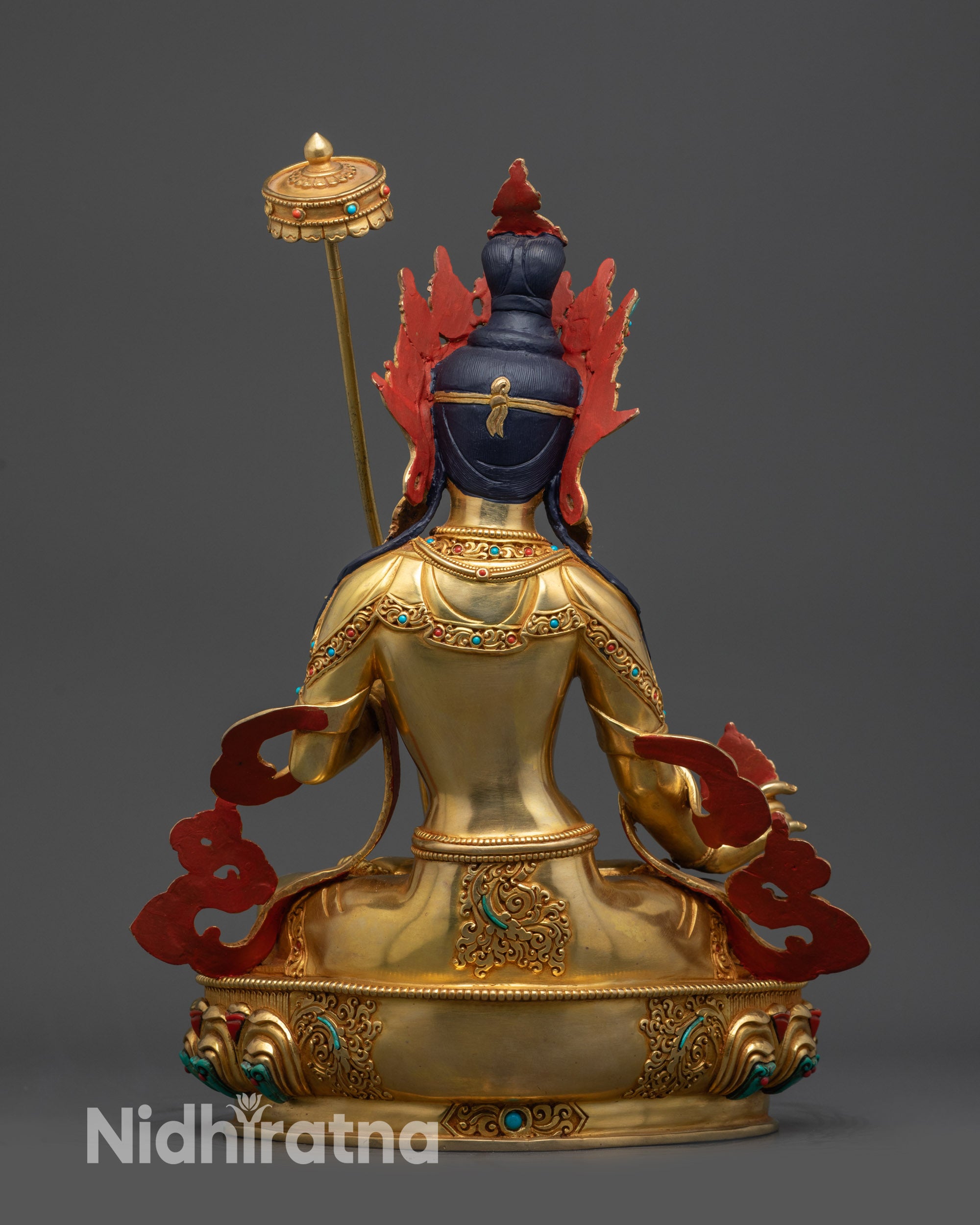 back view Ushnisha Sitatapatra parasol and carved robe with semi precious stones